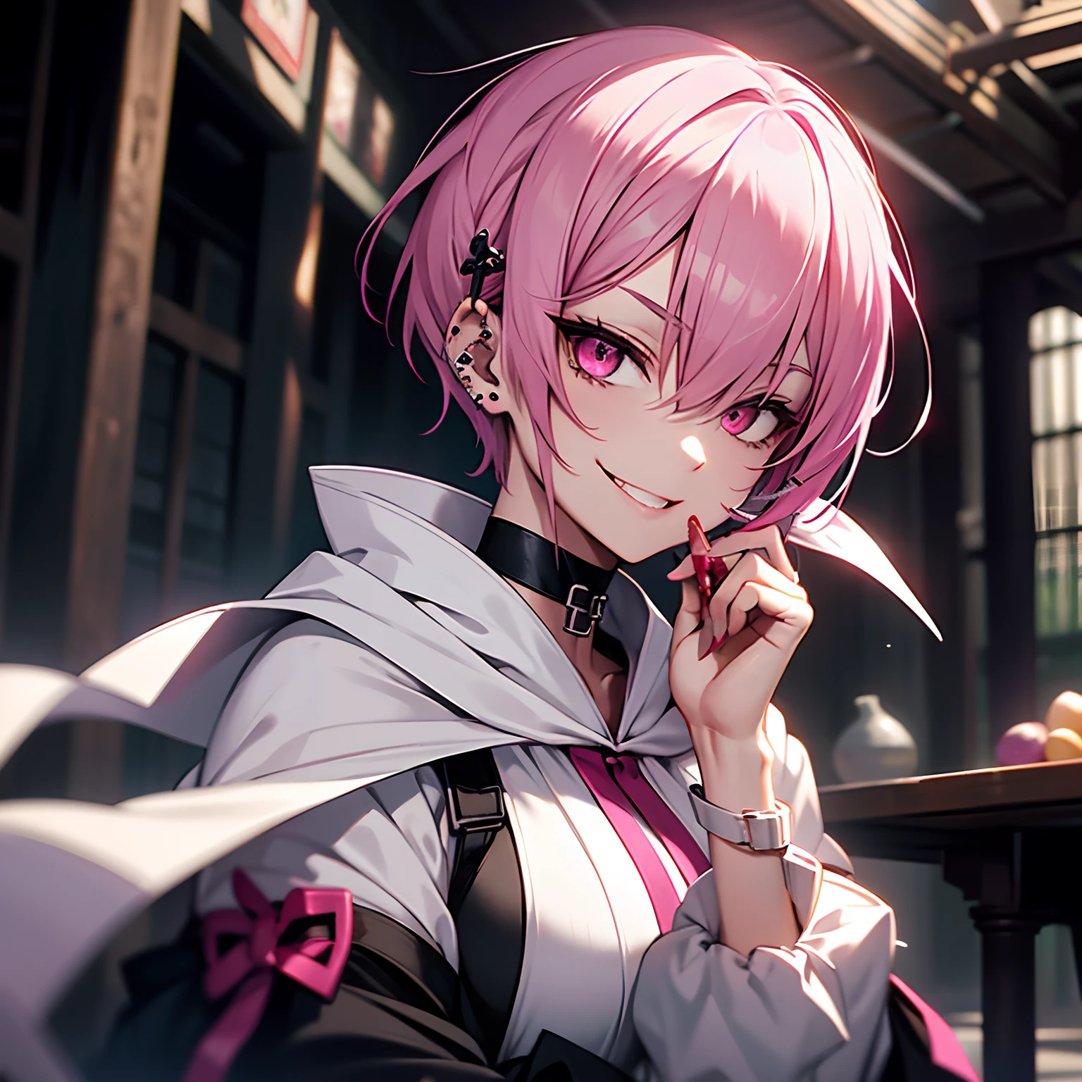 Cultivated woman、Bright pink shorthair、shaved hair、White monastic vestments、holding candy、A lot of piercings on the face、a choker、A smile full of madness、slender、Return blood、baddest、villainess、Maniacal、Murderer、Psychopaths