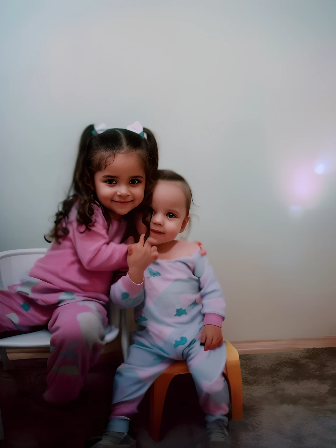 Duas s, roupa de pijama, Realistic photo, melhor qualidade, 8k, babies sitting in small chairs.