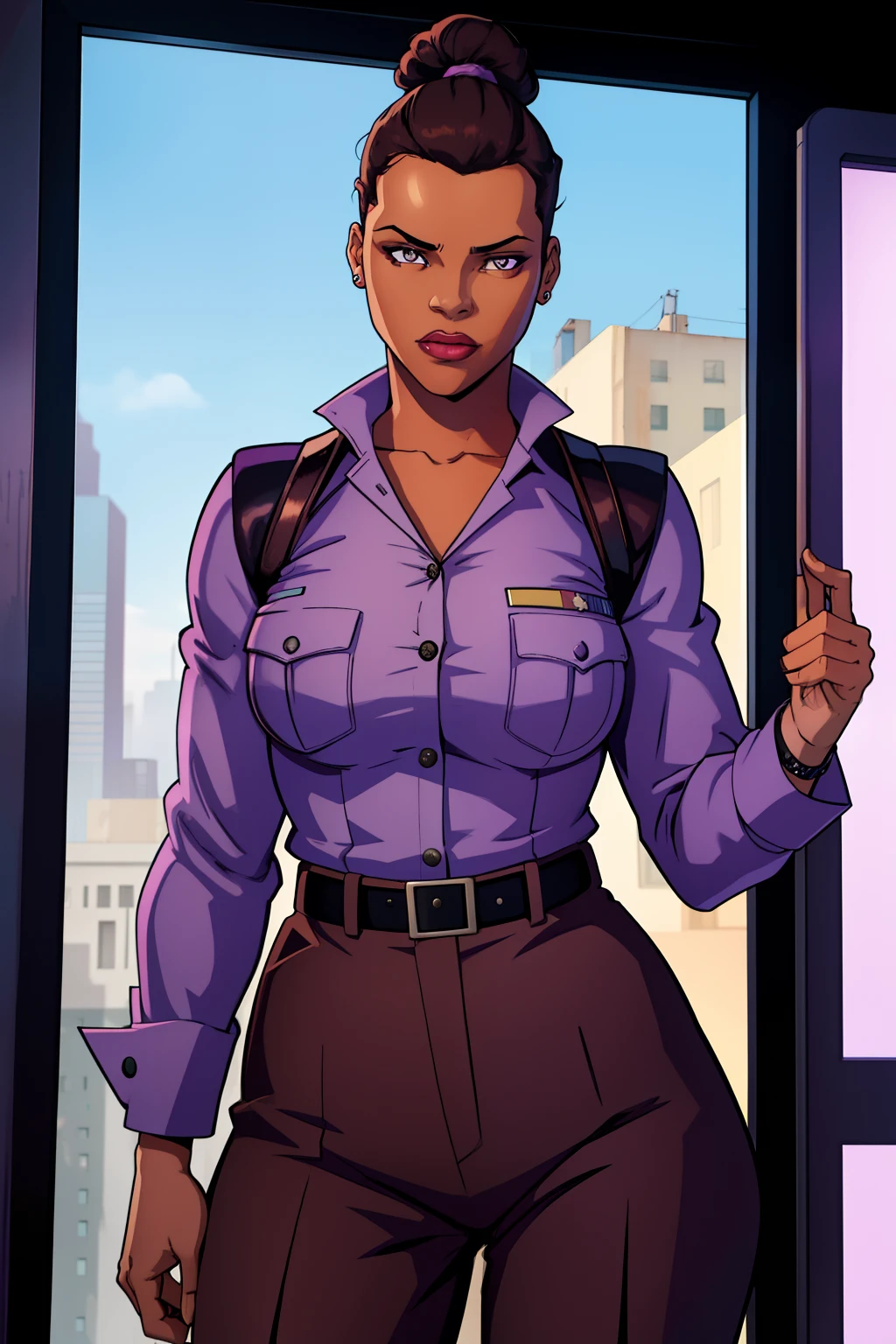 Best quality, solo mature woman, dark brown skin, low bun, lilac eyes, full lips, seductive, police uniform, police pants, police button up, face like Rihanna