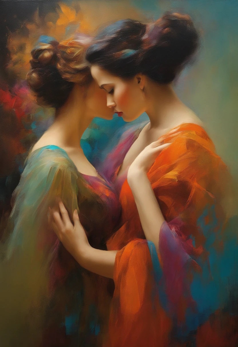 Image of two women in profile、abstract painting、colourfull