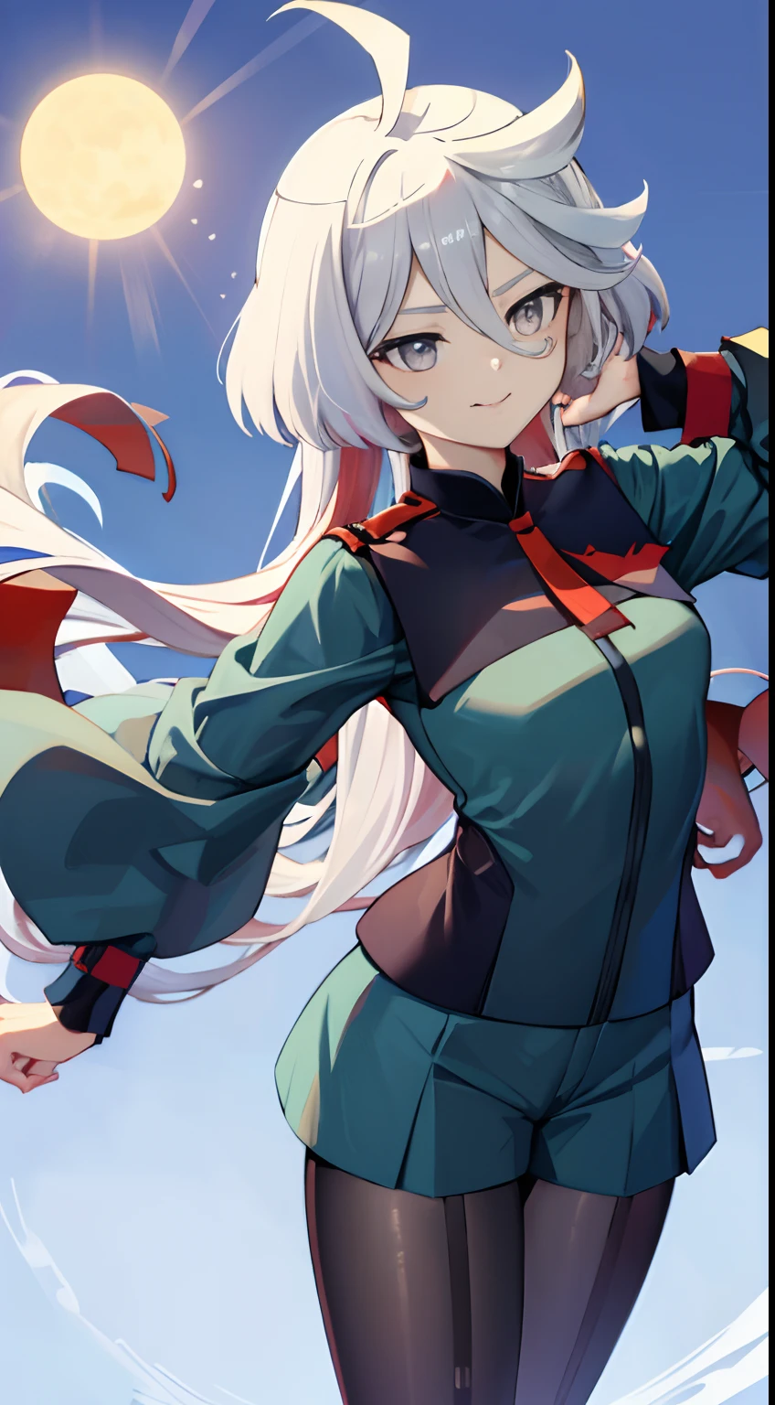 ​masterpiece、top-quality、Hi-Res、Myolin 1、Myolin Remblanc、Asticasia School Uniform、独奏、length hair、grey  eyes、white  hair、Ahoge、Legwear with seams、Green shorts、neck tie、bangss、hairs between eyes、Black pantyhose、long-sleeve、Green jacket、Floating hair、red necktie、mideum breasts、The upper part of the body、A smile。​​clouds、suns