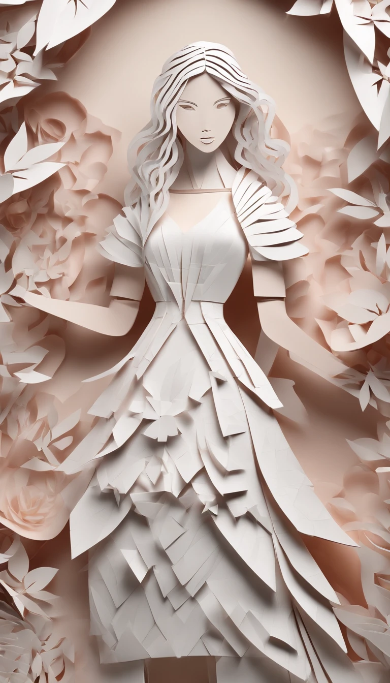 paper art、Colored paper、Colorful girl， shift dresses，long whitr hair， abstract backgrounds、Abstract characters