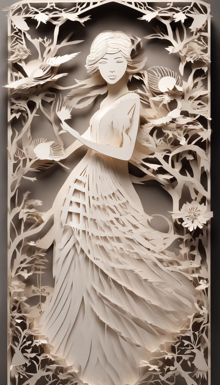 paper art、Colored paper、Colorful girl， shift dresses，long whitr hair， abstract backgrounds、Abstract characters