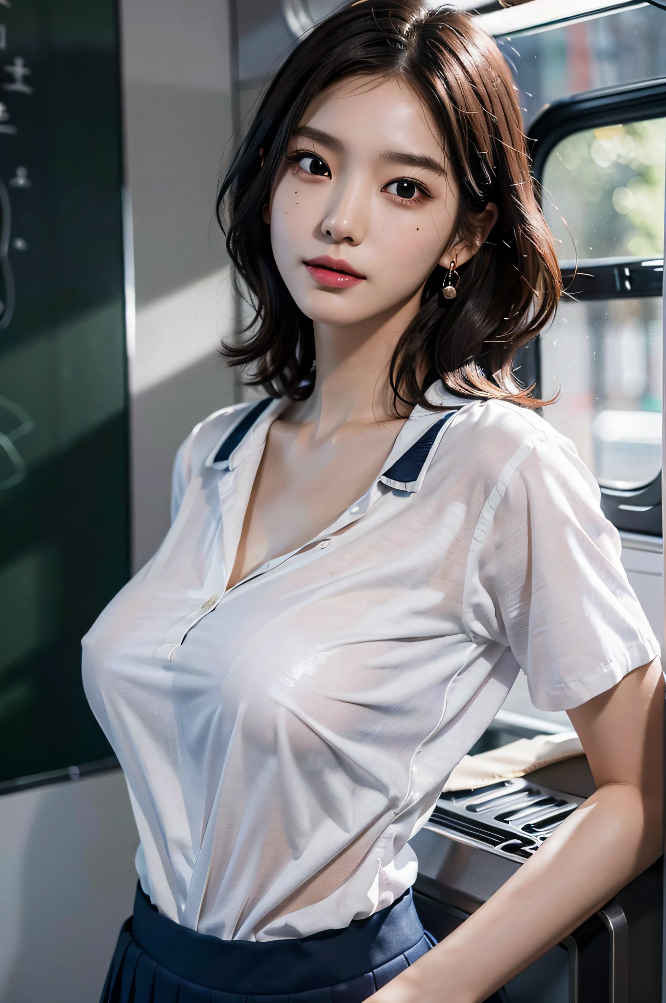 (very huge round breasts, perfect anatomy:1.3), (full body shot:1.3), (short hair, wavy hair:1.1), (Korean school uniform, summer school uniform shirt:1.4), RAW photo, extremely delicate and beautiful, masterpiece, Best Quality, ultra high resolution, 16k, hyperrealistic, ultra-detailed, Very detailed CG 8k wallpaper, Beautiful Lighting, Perfect Lightning, Realistic Shadows, super Detailed shiny skin, perfect figure, Japanese woman, late 20s, very Slim body, narrow waist, very small head, handsome detailed woman, very detailed eyes and face, realistic face proportions, Stunning detailed eyes, Realistic beautiful face, very small face, Realistic small beautiful eyes, double eyelids, makeup, tearful mole, mole on chest, earring, on the train,