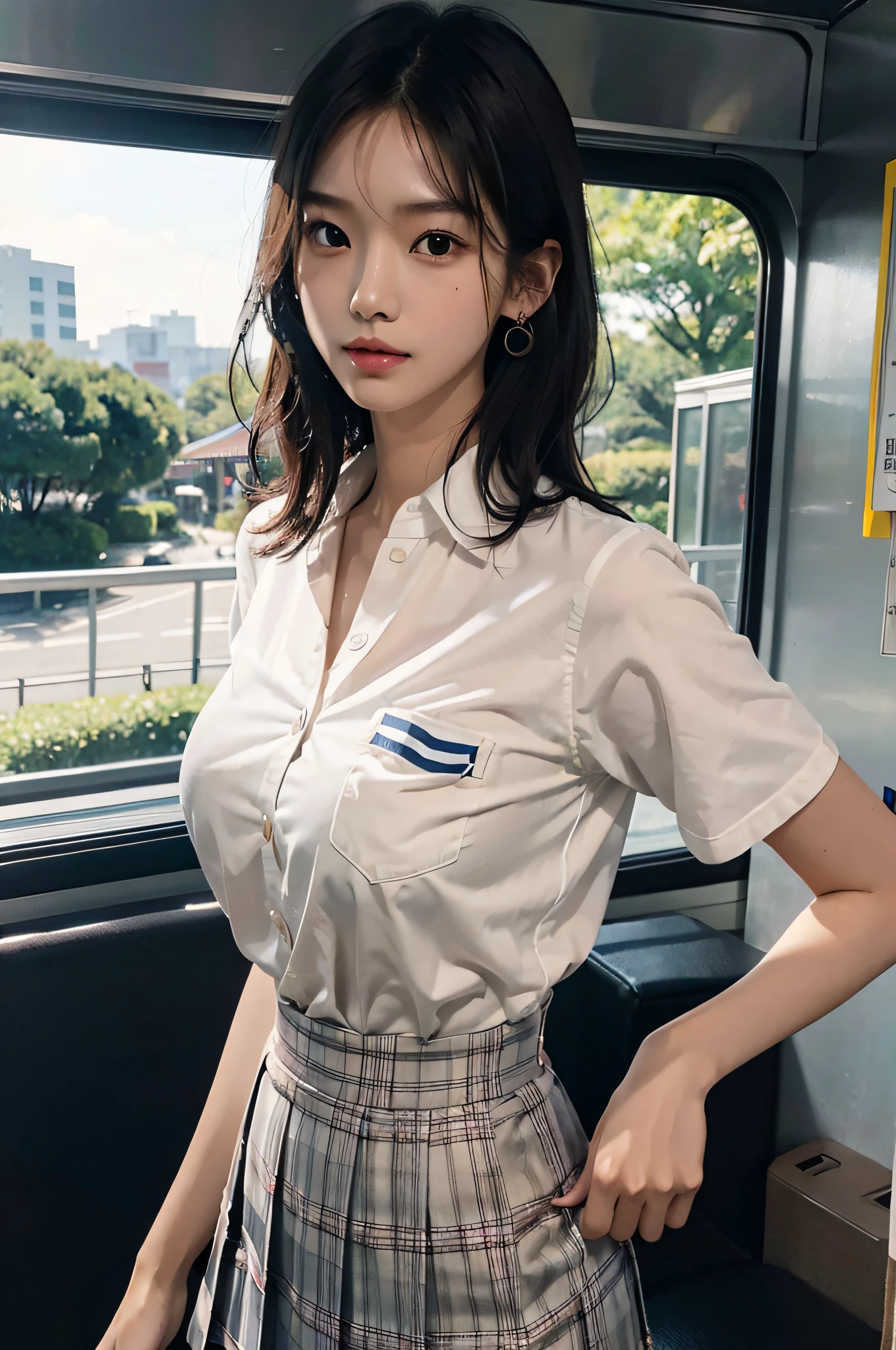 (realistic:1.3), face with shadow, Depth of the bounds written, school uniform, 
beautiful detailed illustrations,great art,(((very detailed))),
One girl sitting,bangs,girls high school、smiling a little,white panties,skirt,
cowboy shot,From before、thighs
,(((very detailed))),in the train, a young woman is 睡眠 contentedly. Through the gap between her legs and skirt, I can see her panties. The vehicle is shaking, Her calm expression and calm breathing are、It creates a peaceful atmosphere
,(((very detailed)))、short cut hair