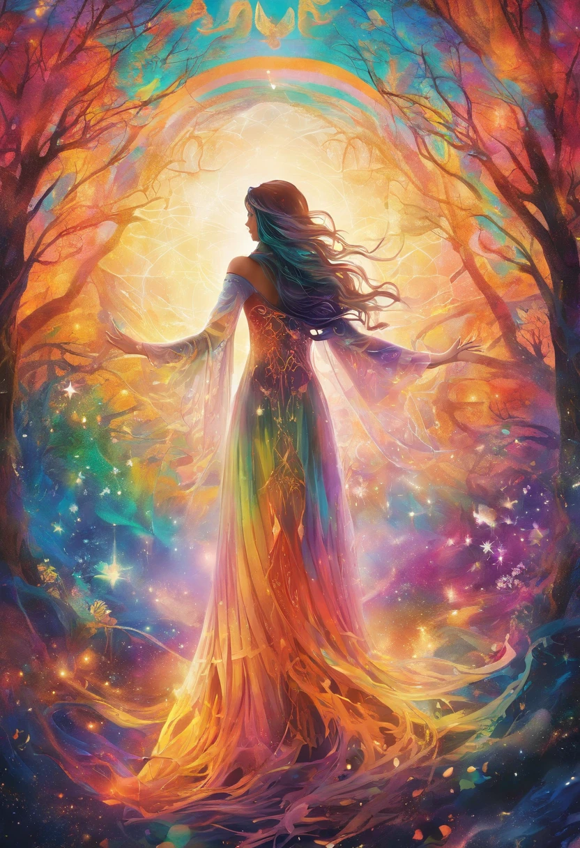 girl casting mystical glowing spells, fantasy rainbow forest, vibrant colors, ethereal lighting, detailed foliage, magical atmosphere, enchanting scenery, dreamlike ambiance, shimmering glow, flowing robes, wisps of magic, ethereal creatures, enchanted trees, sparkling streams, radiant energy, mystical symbols, surreal beauty, otherworldly landscape, swirling mist, enchantment in the air, spellbinding moment, mesmerizing spectacle, ethereal essence, magical incantation, mystical aura, bewitching charm, spellbound onlookers, transcendent experience, magical vortex, hidden secrets, whimsical creatures, vibrant enchantment, enchanted atmosphere, ethereal melodies, radiant beams of light, otherworldly colors, mesmerizing movements, joyous celebration in nature, enchanting nymphs, supernatural power, pulsating energy, captivating spells, fantastical realm, transcendental experience