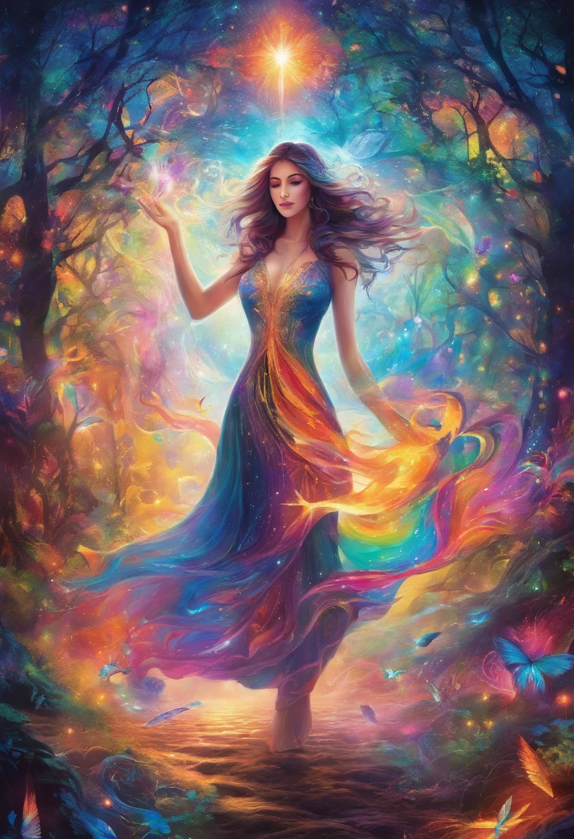 girl casting mystical glowing spells, fantasy rainbow forest, vibrant colors, ethereal lighting, detailed foliage, magical atmosphere, enchanting scenery, dreamlike ambiance, shimmering glow, flowing robes, wisps of magic, ethereal creatures, enchanted trees, sparkling streams, radiant energy, mystical symbols, surreal beauty, otherworldly landscape, swirling mist, enchantment in the air, spellbinding moment, mesmerizing spectacle, ethereal essence, magical incantation, mystical aura, bewitching charm, spellbound onlookers, transcendent experience, magical vortex, hidden secrets, whimsical creatures, vibrant enchantment, enchanted atmosphere, ethereal melodies, radiant beams of light, otherworldly colors, mesmerizing movements, joyous celebration in nature, enchanting nymphs, supernatural power, pulsating energy, captivating spells, fantastical realm, transcendental experience