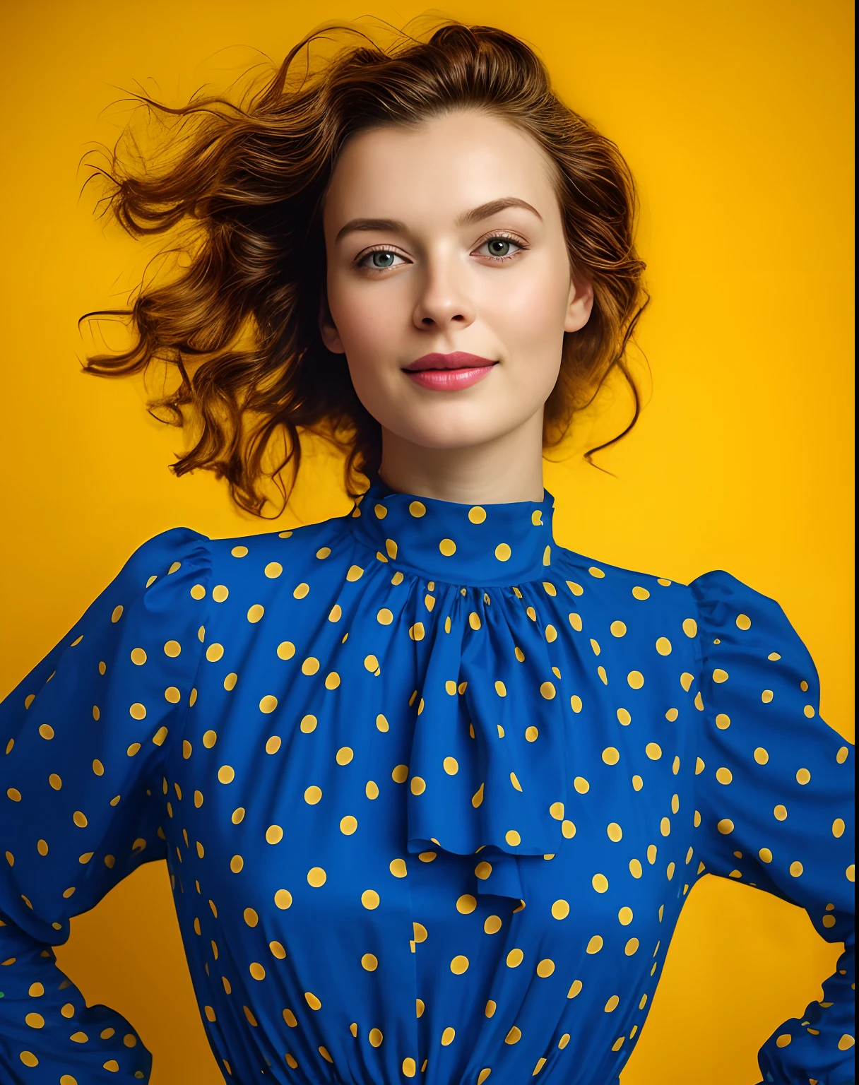 🎨 DETAILED PROMPT 👇

A meticulously detailed photograph of a European-type, fair-skinned top model, adorned in a playful blue dress with yellow polka dots, smiling radiantly while standing against a whimsical yellow background with blue polka dots. The moment is frozen during a bright afternoon using a high-quality mirrorless camera set for high color fidelity, bathed in the soft, even lighting from a large window diffused by sheer curtains.