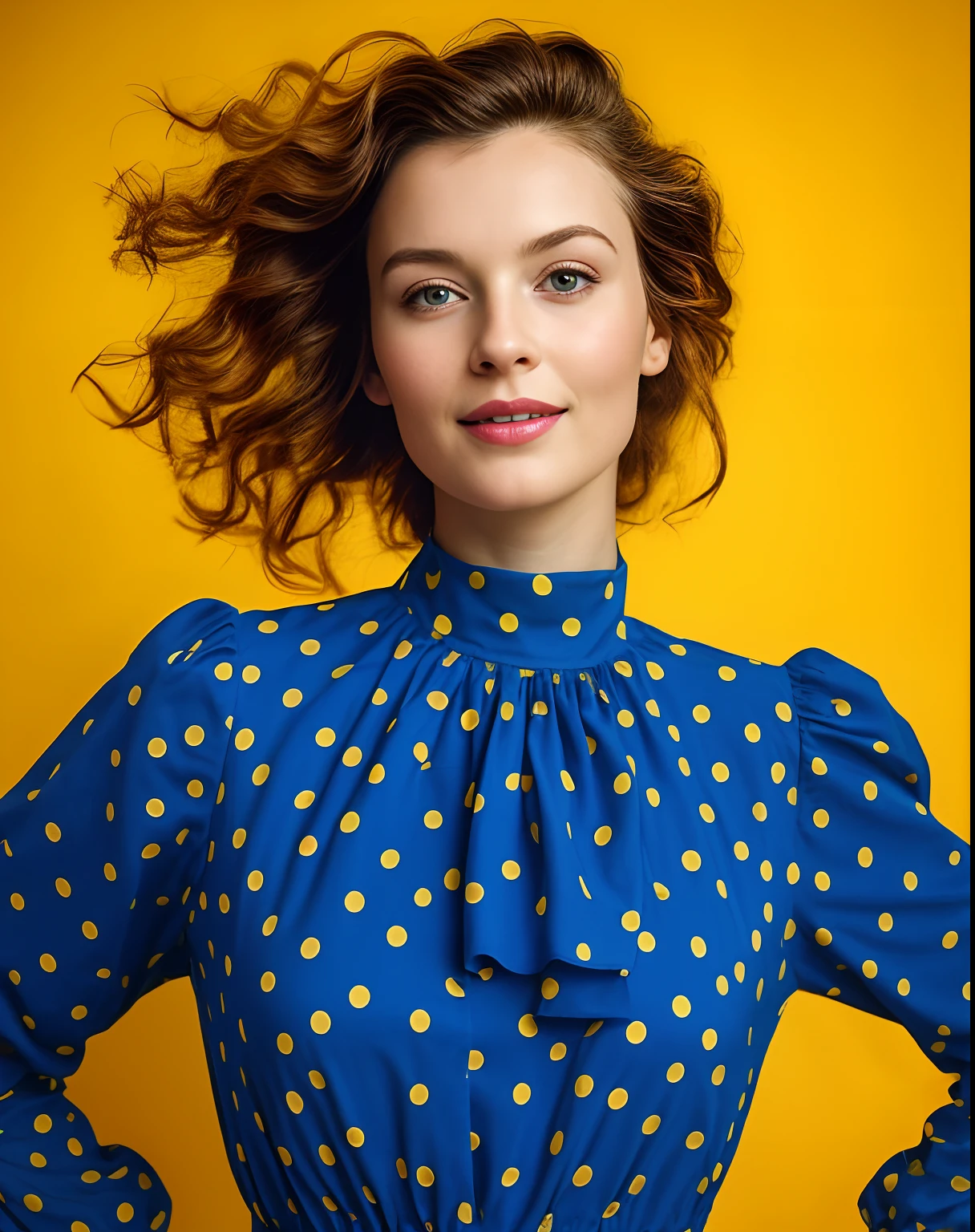 🎨 DETAILED PROMPT 👇
A meticulously detailed photograph of a European-type, fair-skinned top model, adorned in a playful blue dress with yellow polka dots, smiling radiantly while standing against a whimsical yellow background with blue polka dots. The moment is frozen during a bright afternoon using a high-quality mirrorless camera set for high color fidelity, bathed in the soft, even lighting from a large window diffused by sheer curtains.