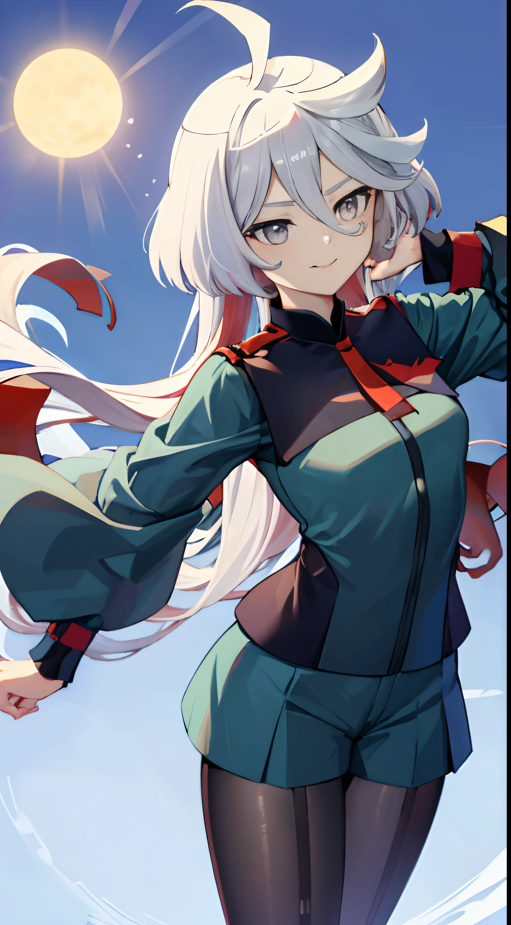 masterpiece、top-quality、Hi-Res、Myolin 1、Myolin Remblanc、Asticasia School Uniform、独奏、length hair、grey eyes、white hair、Ahoge、Legwear with seams、Green shorts、neck tie、bangss、hairs between eyes、Black pantyhose、long-sleeve、Green jacket、Floating hair、red necktie、mideum breasts、The upper part of the body、A smile。clouds、suns
