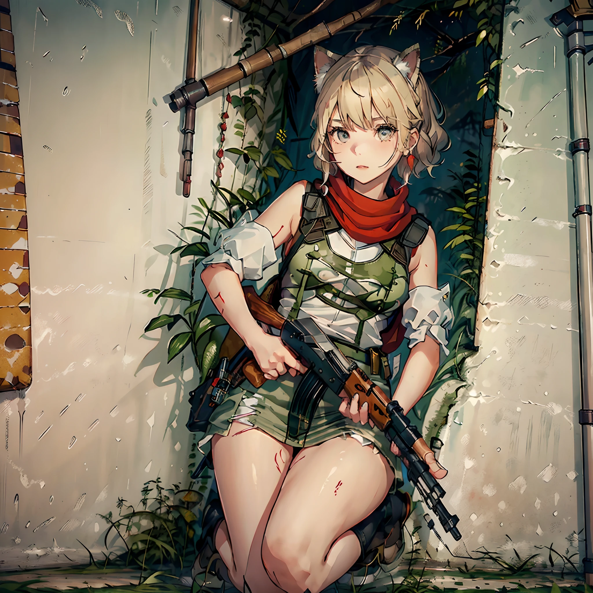 (8K, 16 K, Best Quality, hight resolution, High quality, high details, Super Detail, Anatomically correct, Solo、nffsw, masutepiece:1.4),(1girl in),Girl shooting paint bullets, (( no sleeves))、((Baseball Uniforms)), ((Wearing a red cloak))、((Red Baseball Cap))、((Cat's ears))、Aqua Eyes colorful assault rifle in hand, Survival Games, Paint drips on the shield, long boots, Military fashion in pastel colors,Tension on the battlefield,bulletproof vest,Detailed finger,hoop earings、blondehair、((short-hair)), AK-47,Holding_gun