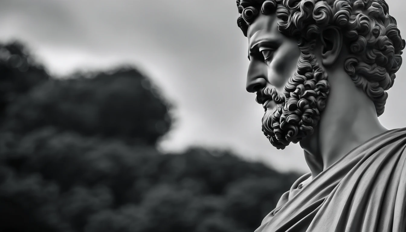 a portrait statue of the stoic Marcus Aurelius in black and white 4K,Face de lado, papel de parede super realista , sem camisa, sintura,corpo forte
