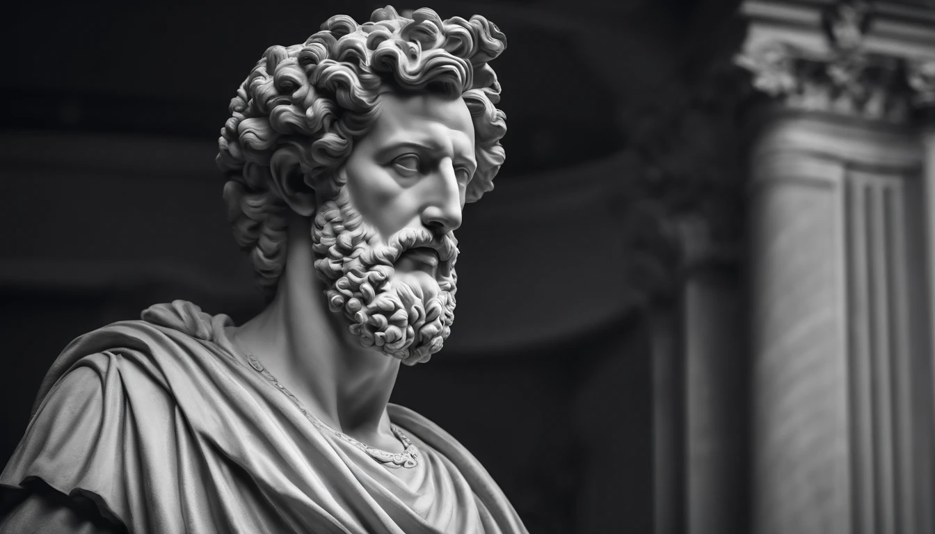 a portrait statue of the stoic Marcus Aurelius in black and white 4K,Face de lado, papel de parede super realista , sem camisa, sintura,corpo forte