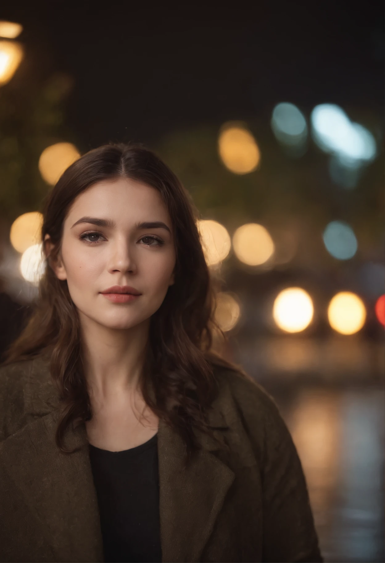Girl on a rainy night,Front lens,Street background (Close-up Shot Shot:1.6),best qualtiy,f / 1 HD photography T bokeh,Depth of field Macro The atmosphere is sad