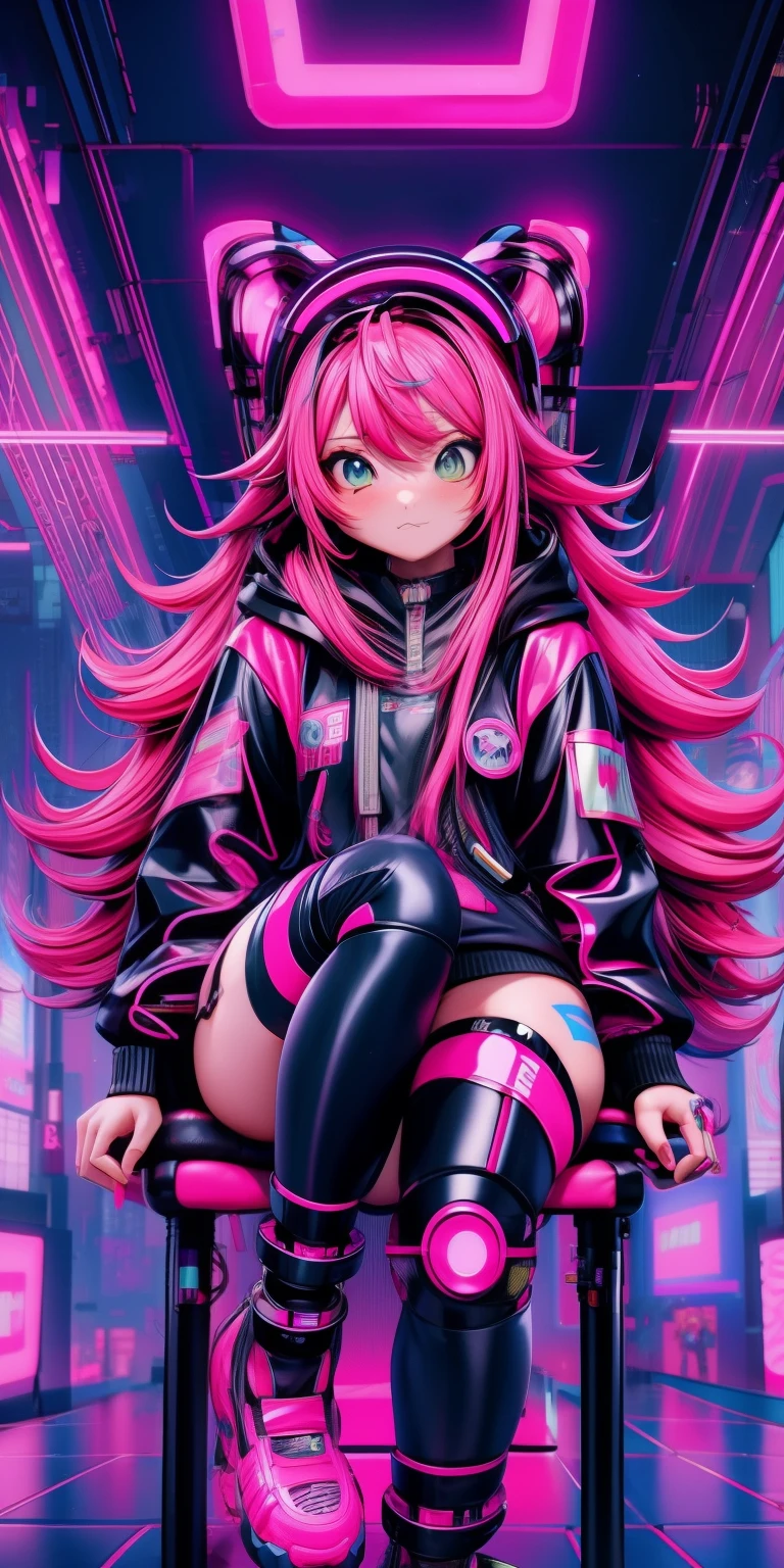 anime girl with pink hair sitting on a chair in a neon city, long curly hair, cyberpunk anime girl in hoodie, cyberpunk anime girl, anime style 4 k, anime cyberpunk art, best anime 4k konachan wallpaper, digital cyberpunk anime art, female cyberpunk anime girl, digital cyberpunk - anime art, cyberpunk anime art, anime cyberpunk, cyberpunk streetwear, cyberpunk art style