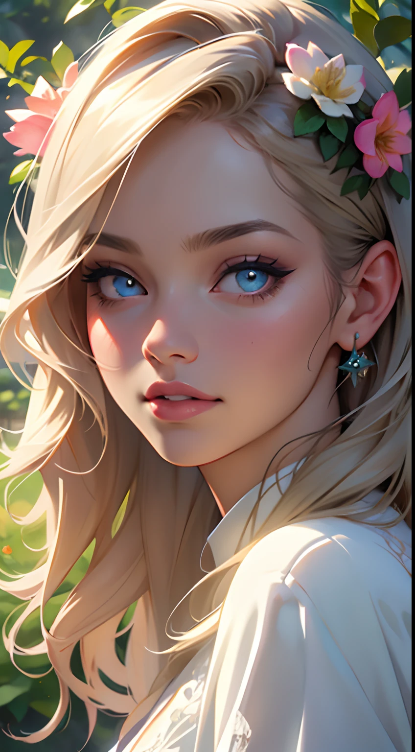 A girl in a garden, beautiful detailed eyes, beautiful detailed lips, extremely detailed eyes and face, long eyelashes, 1girl, illustrations, best quality, ultra-detailed, realistic, portraits, vibrant colors, soft lighting, flowers, greenery, sunlight, serene atmosphere.