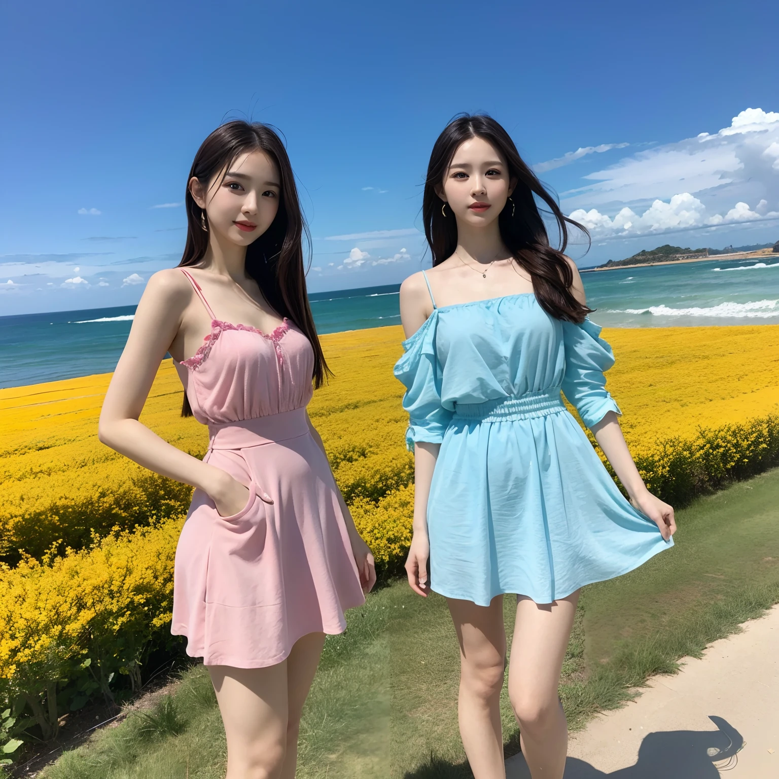 top-quality、​masterpiece、超A high resolution、(Photorealsitic:1.4)、2girls、twinsies、full body Esbian、Background blue sky