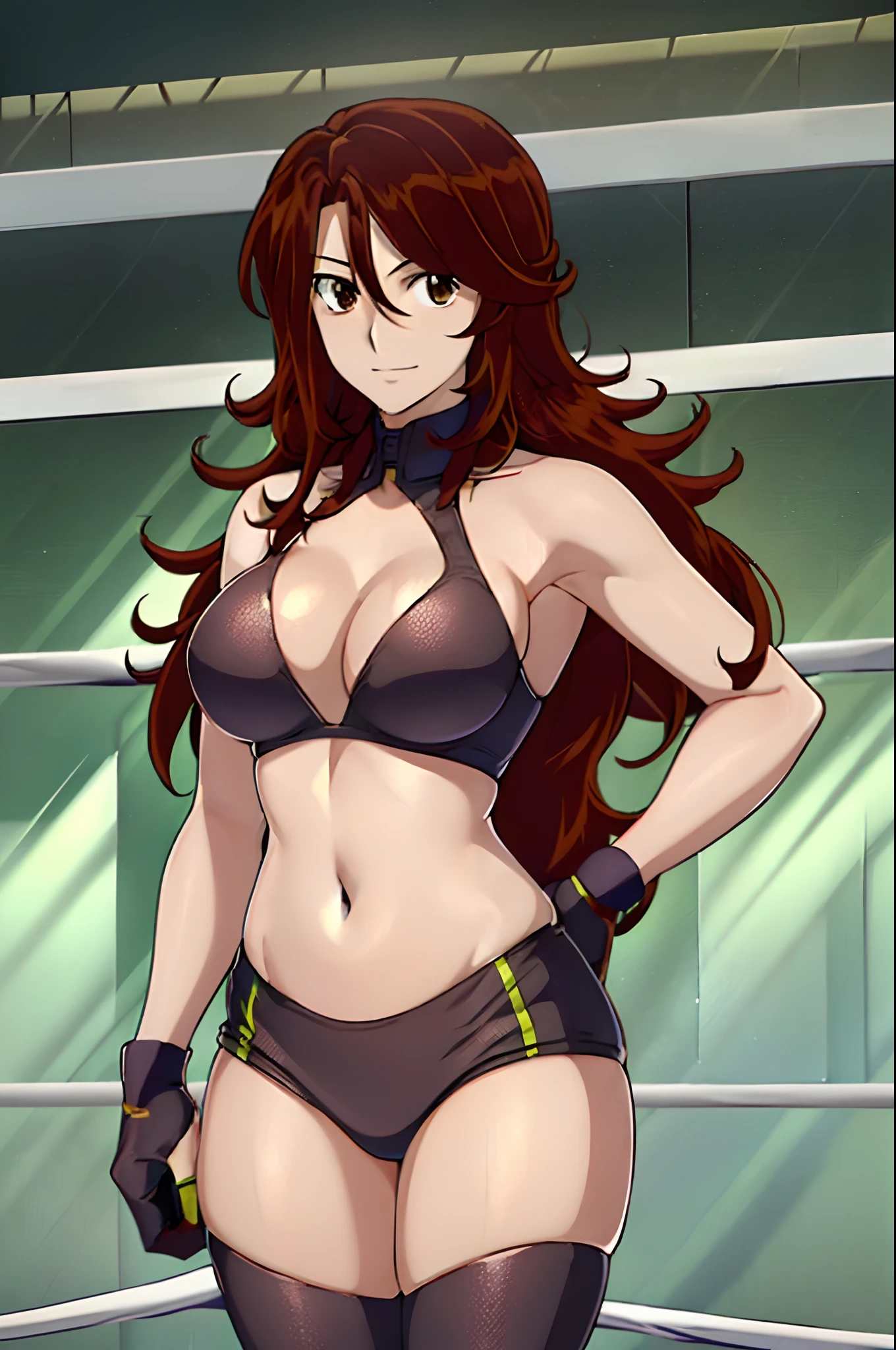 cowboy shot, anime style: 1.8, anime drawing, ultra detailed face, ultra detailed body, 4k, Sumergai Lee Noriega, best quality, anime style, hires, highest definition, digital blending, bold drawing lines, ((slender body, female wrestler), (location: wrestling arena, crowds watching), (slender body, broad shoulders), mature woman, (black wrestling gear, collar band), victorious, gorgeous, winner, smile, (pale skin, shiny skin, lighting and shadow), (big breasts), (warming up), (brown, long hair), 27 years old,