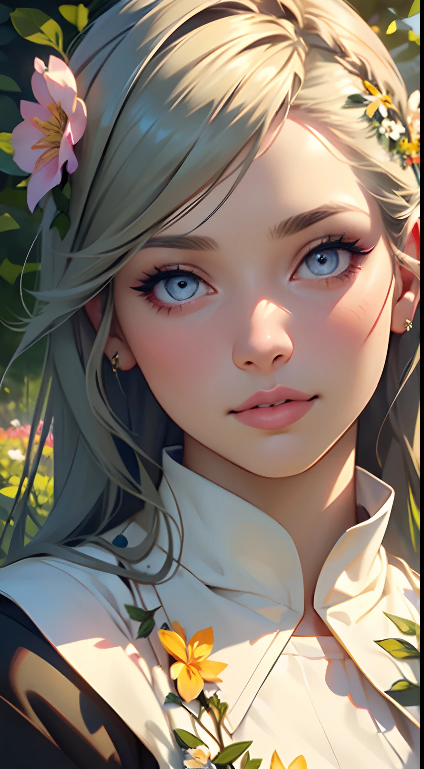 A girl in a garden, beautiful detailed eyes, beautiful detailed lips, extremely detailed eyes and face, long eyelashes, 1girl, illustrations, best quality, ultra-detailed, realistic, portraits, vibrant colors, soft lighting, flowers, greenery, sunlight, serene atmosphere.