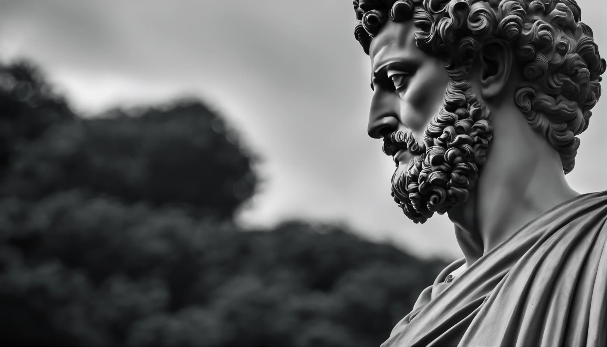 a portrait statue of the stoic Marcus Aurelius in black and white 4K,Face de lado, papel de parede super realista , sem camisa, sintura,corpo forte