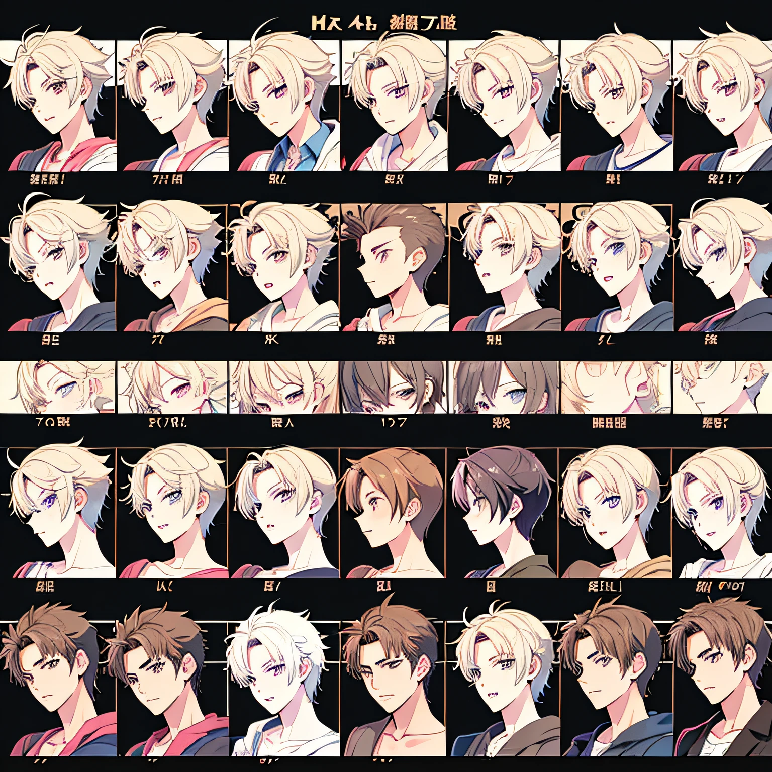 (Male:1.3), ((Visual novel)), Visual never expression chart, Expression chart, 1boy, different expressions, expression sheet, short messy hair, tan skin,