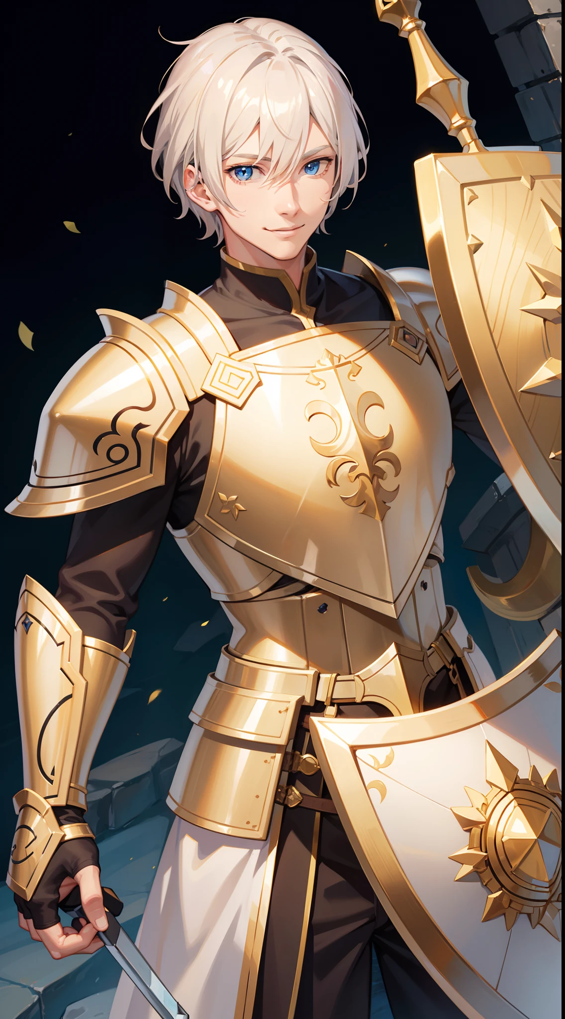 adult man, Blonde hair in a bob, blue eyes, Smile, Beautiful white armor with gold elements, paladin, hammer, shield, Masterpiece, hiquality, 4k, HD, Good detail