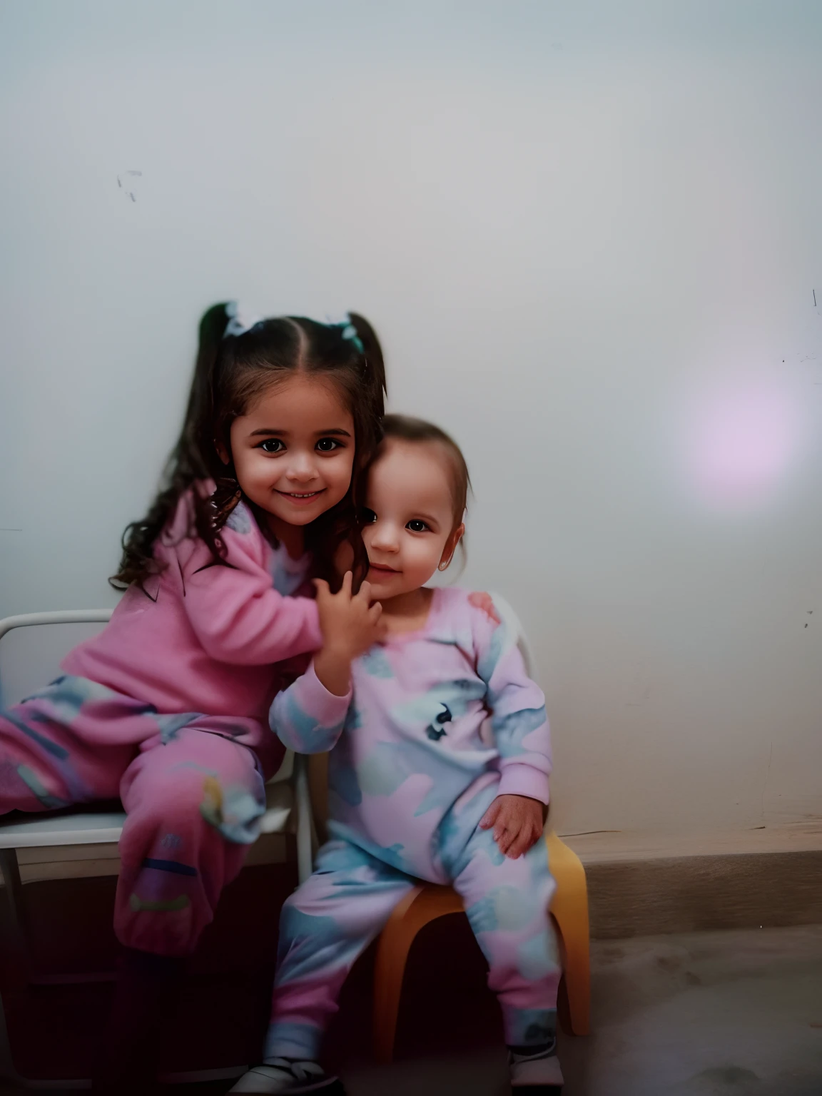 Duas s, roupa de pijama, Realistic photo, melhor qualidade, 8k, babies sitting in small chairs.