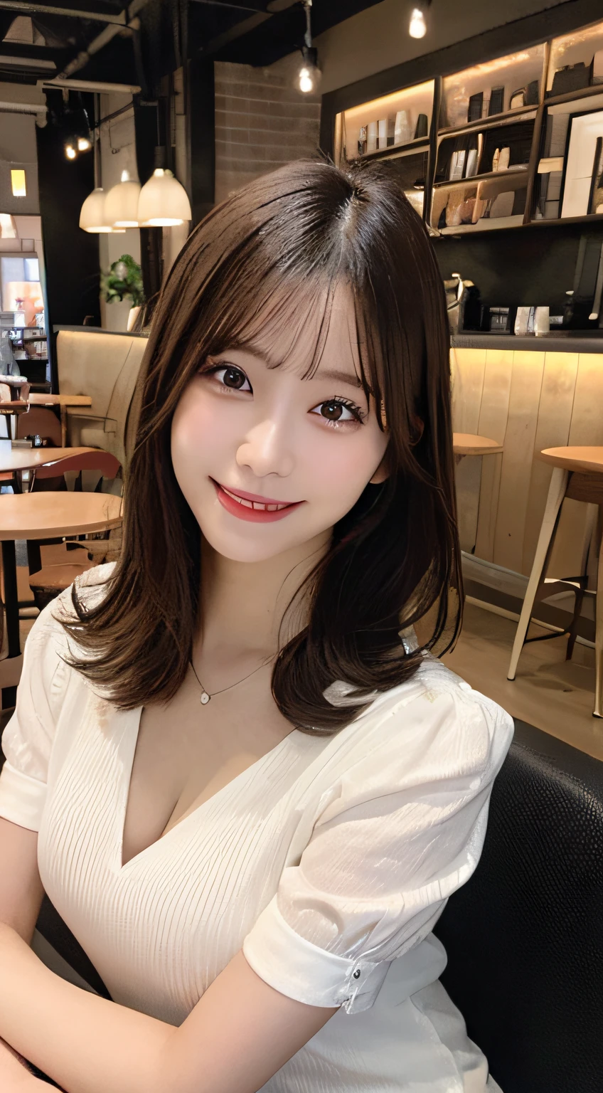 masutepiece, Best Quality, Illustration, Ultra-detailed, finely detail, hight resolution, 8K Wallpaper, Perfect dynamic composition, Beautiful detailed eyes, summer  dress,Medium Hair, Natural Color Lip, white  shirt、Random and sexy poses,Smiling smile,Coffee in a café、28-year-old girl