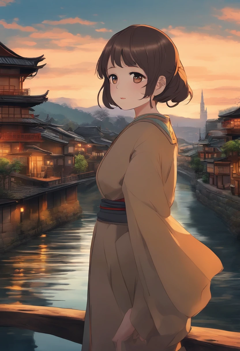 Japan anime style，12year old，girl with，Old townscape、river bank