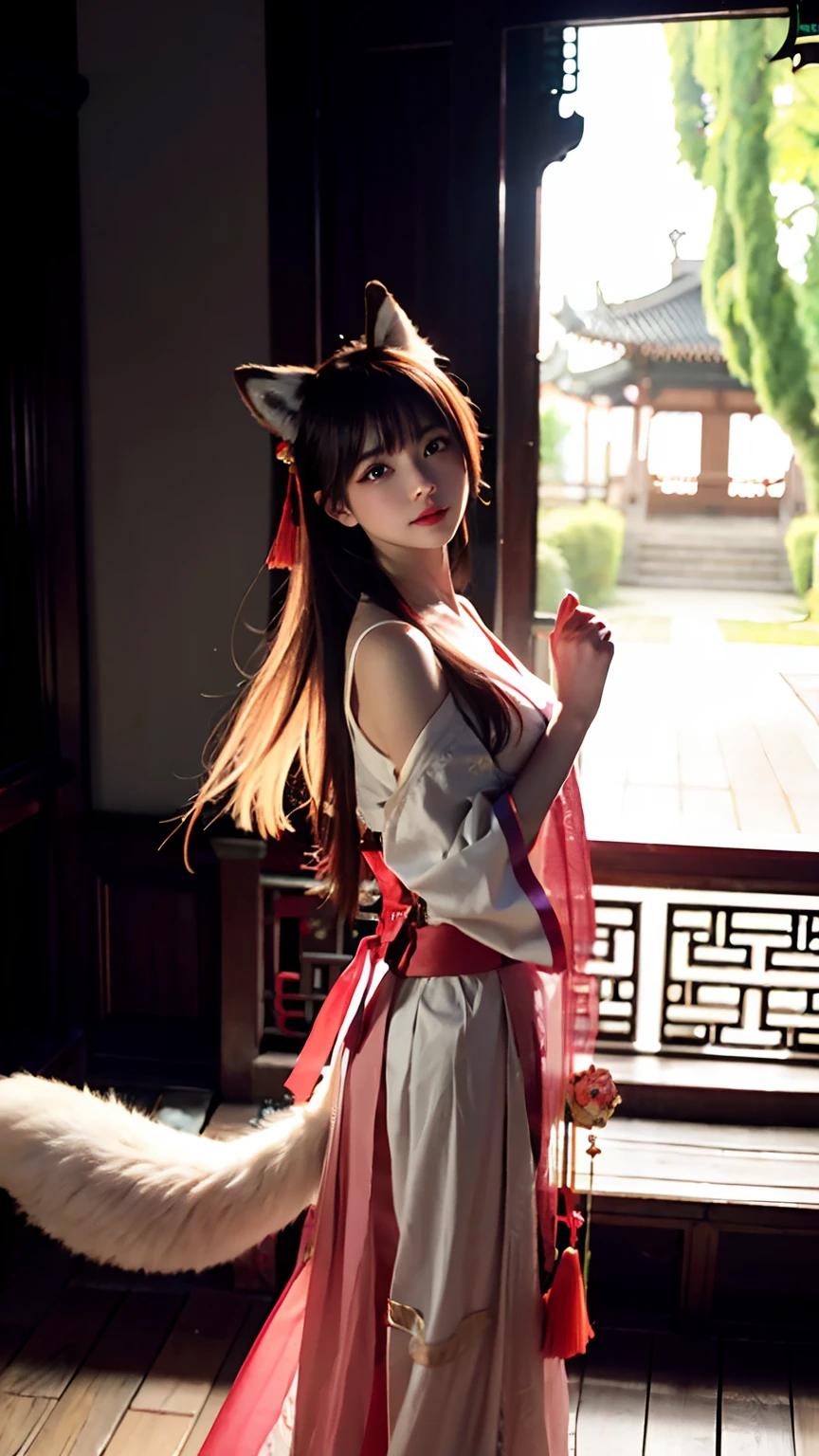 girl,Petite body,Blushlush,Hanfu,standing on your feet,Pray with your hands in fists,full bodyesbian,((The fluffy fox tail is white和柔顺)),fox ears,古代 The main hall of the Chinese imperial palace,Dry leaves,dense woods,The woods are transparent,Seduction pose,dream magical,fanciful,realistic, realistic expectations, realistic studio, realistic photography,real picture quality,124k,Master photography techniques,The angle is tricky,Light,More details eyes 1.2,