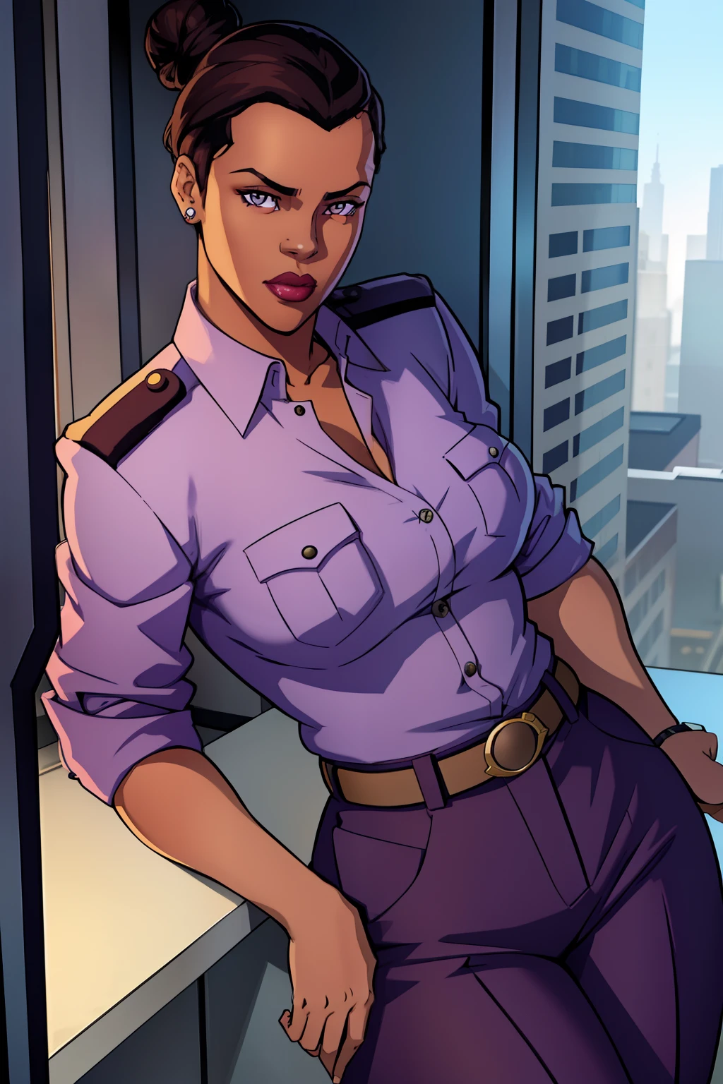 Best quality, solo mature woman, dark brown skin, low bun, lilac eyes, full lips, seductive, police uniform, police pants, police button up, face like Rihanna