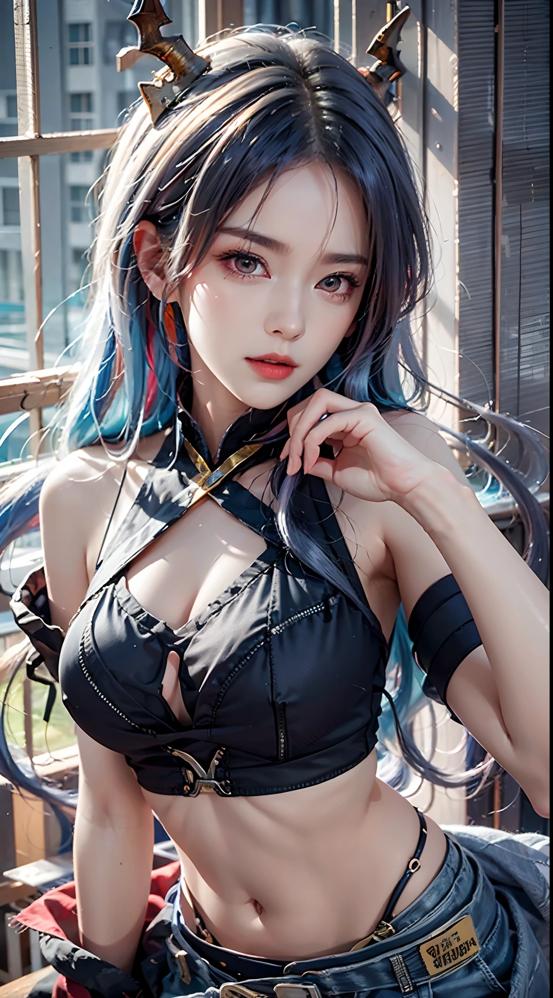 photorealistic, high resolution, soft lights, 1women, solo, hips up, look at viewer, (detailed face), red eyes, white hair, long hair, detailed eyes, (origen:1.4), ch'en \(arknights\), black shorts, red eyes, solo, (fashi-girl:1.0), realistic, makeup, office