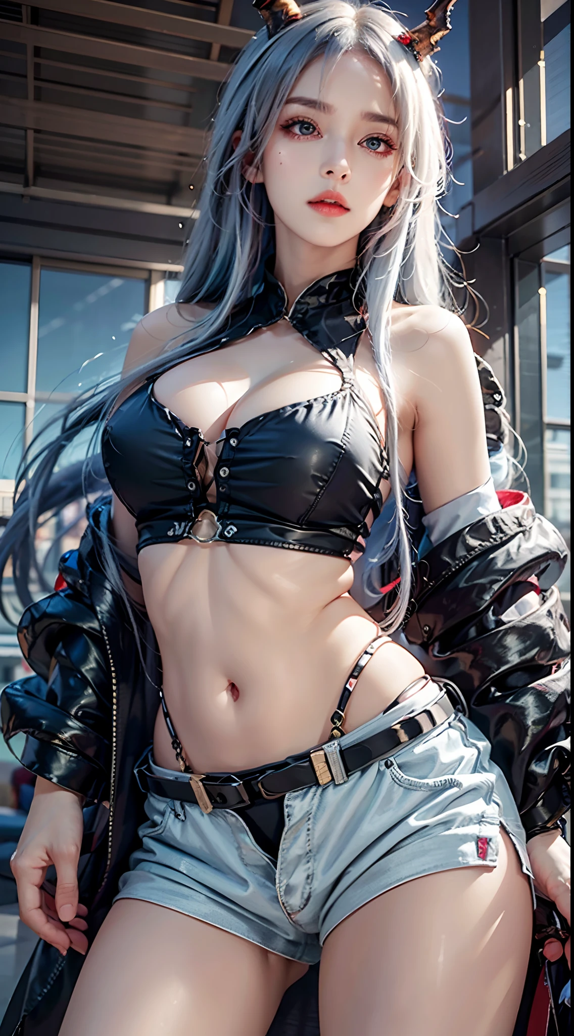 photorealistic, high resolution, soft lights, 1women, solo, hips up, look at viewer, (detailed face), red eyes, white hair, long hair, detailed eyes, (origen:1.4), ch'en \(arknights\), black shorts, red eyes, solo, (fashi-girl:1.0), realistic, makeup, office