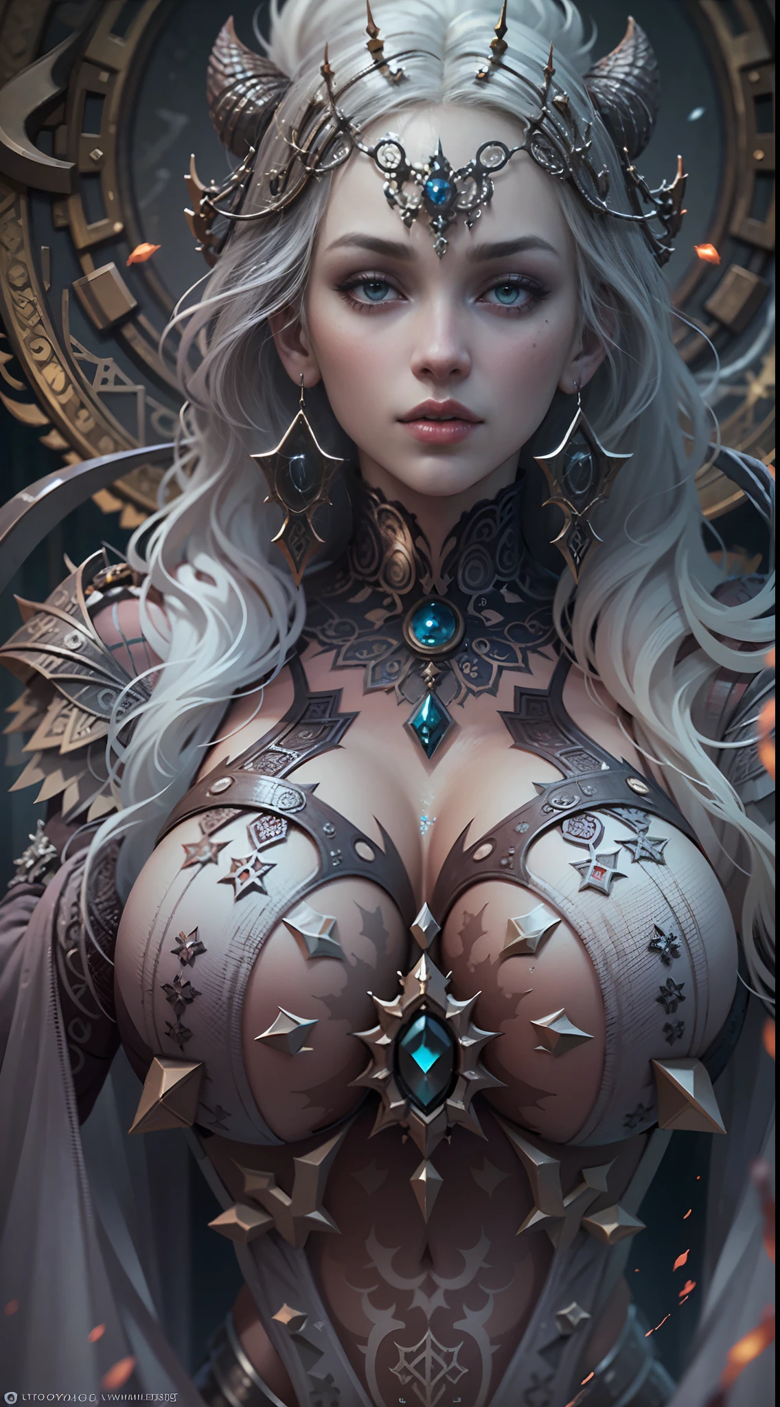 Satanic priestess Concept art portrait,Emilia Clarke,gigantic breasts, Olga Kvasha, Miho Hirano, hyperdetailed intricately detailed gothic art trending on Artstation triadic colors, textured skin, cold skin pores, Unreal Engine 5 detailed matte painting, deep color, fantastical, intricate detail, splash screen, complementary colors, fantasy concept art, 8k resolution, gothic deviantart masterpiec