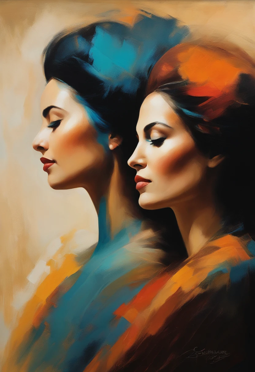 Image of two women in profile、abstract painting、colourfull、Simplified design