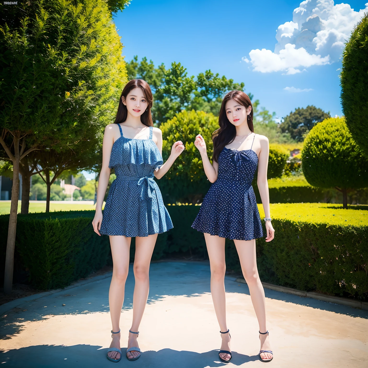 top-quality、masterpiece、超A high resolution、(Photorealsitic:1.4)、2girls、twinsies、full body Esbian、Background blue sky