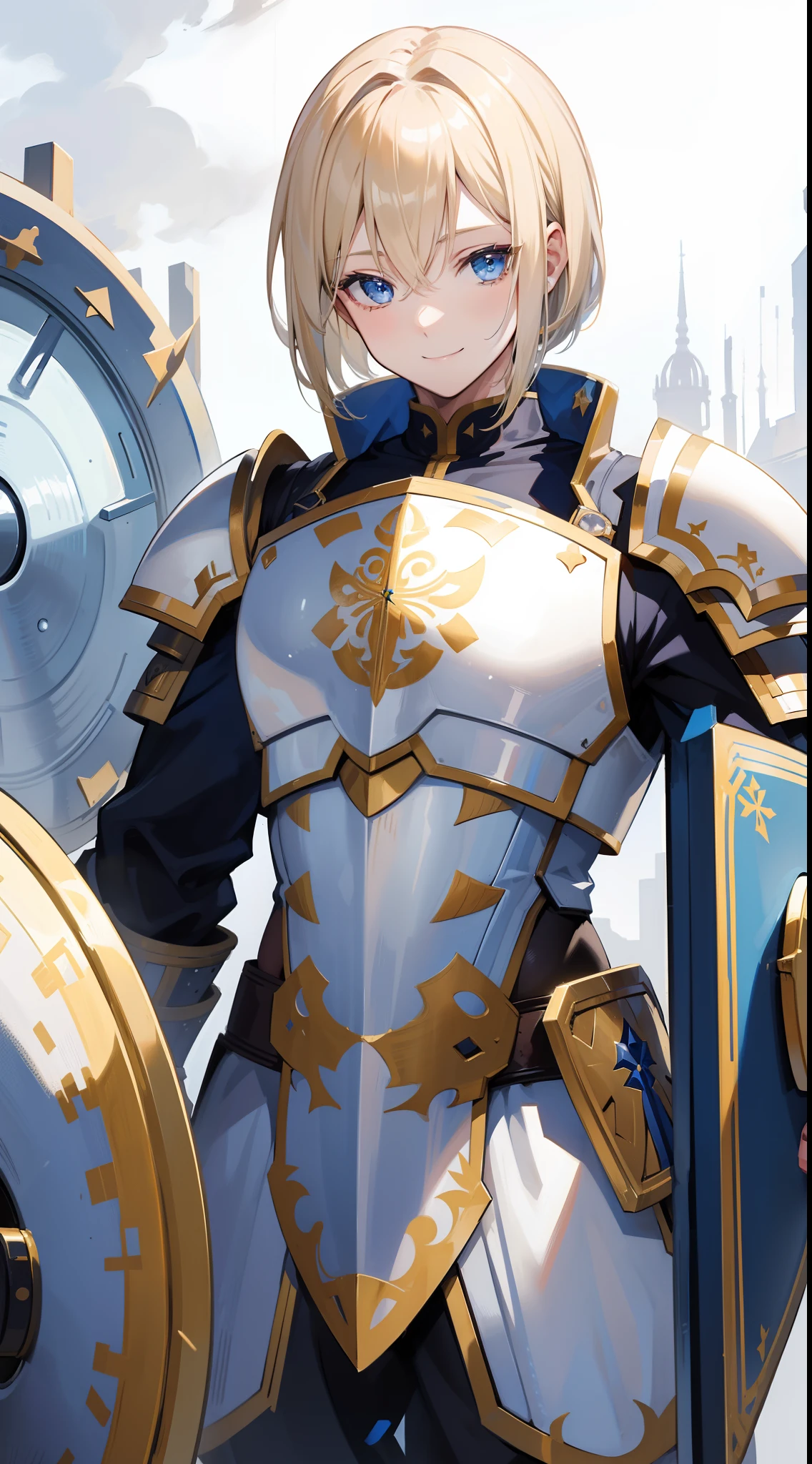 adult man, Blonde hair in a bob, blue eyes, Smile, Beautiful white armor with gold elements, paladin, hammer, shield, Masterpiece, hiquality, 4k, HD, Good detail