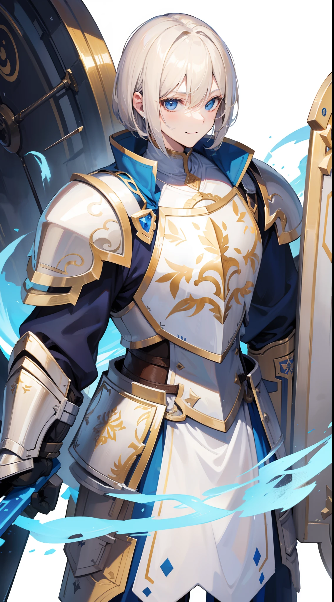 adult man, Blonde hair in a bob, blue eyes, Smile, Beautiful white armor with gold elements, paladin, hammer, shield, Masterpiece, hiquality, 4k, HD, Good detail