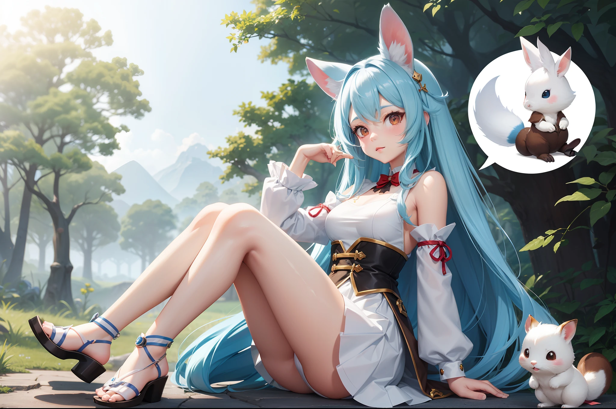 in woods White-eared long-eared rabbit、I'm with a girl with long blue hair and a chibi character。Bears and deer are the same。It is a cute costume in white and blue。White panty Dark eyes。Adorable Digital Painting, cute detailed digital art, the squirrel king, Cute digital art, cute cartoon characters, cute character, CuteCreatures, Cutie, official illustrations, Official art, squirrel, maplestory mouse, astri lohne, cute 3d render