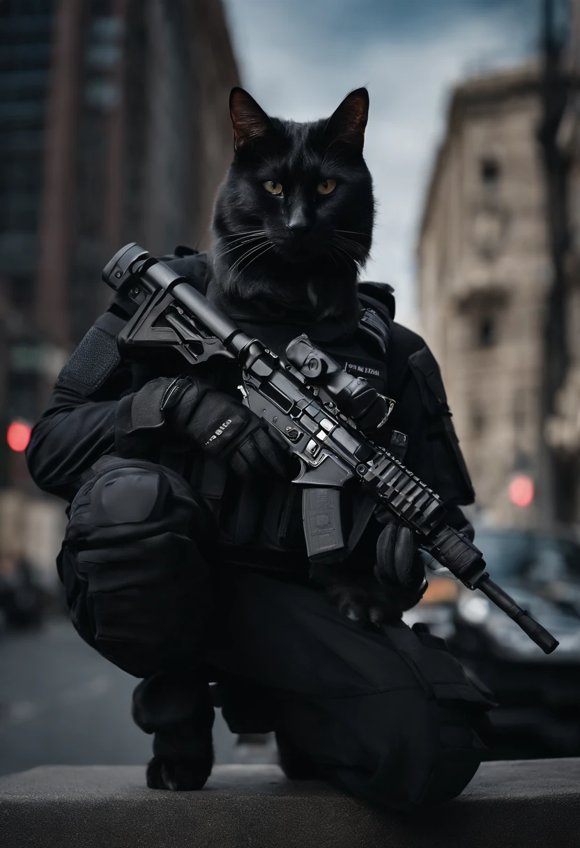anthro cat, black SWAT outfit, detailed dark mascara, perfect skin, smiling, he is on the side of an Armored SWAT car, in a city, he is heavily armed with a rifle, rule of thirds, high quality background, ultra detailed scenery, ultra sharp focus, detailed dark mascara, perfect professional photo