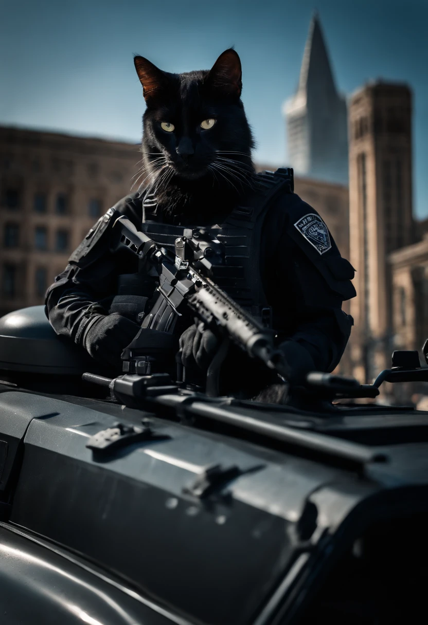 anthro cat, black SWAT outfit, detailed dark mascara, perfect skin, smiling, he is on the side of an Armored SWAT car, in a city, he is heavily armed with a rifle, rule of thirds, high quality background, ultra detailed scenery, ultra sharp focus, detailed dark mascara, perfect professional photo