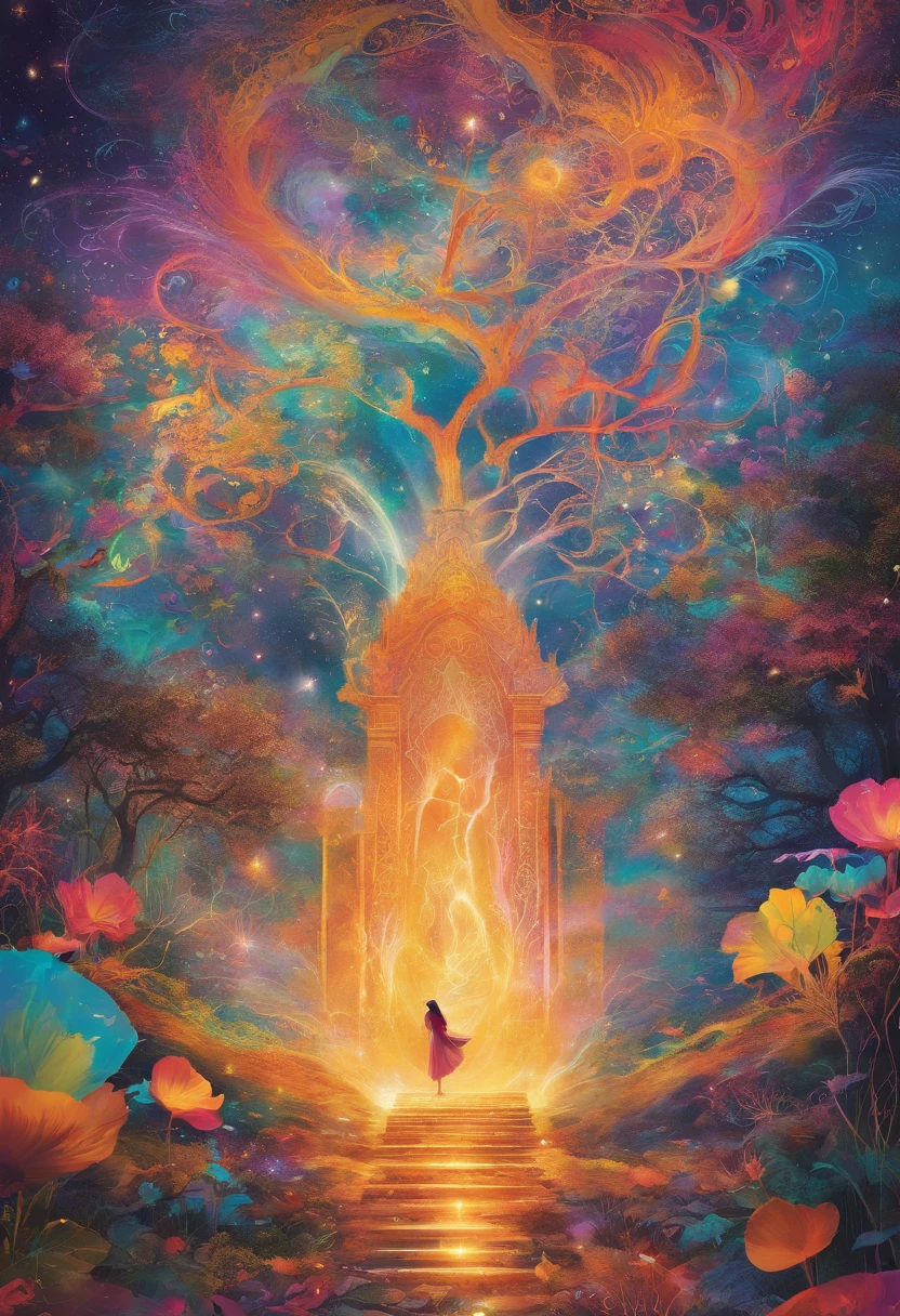 girl casting mystical glowing spells, fantasy rainbow forest, vibrant colors, ethereal lighting, detailed foliage, magical atmosphere, enchanting scenery, dreamlike ambiance, shimmering glow, flowing robes, wisps of magic, ethereal creatures, enchanted trees, sparkling streams, radiant energy, mystical symbols, surreal beauty, otherworldly landscape, swirling mist, enchantment in the air, spellbinding moment, mesmerizing spectacle, ethereal essence, magical incantation, mystical aura, bewitching charm, spellbound onlookers, transcendent experience, magical vortex, hidden secrets, whimsical creatures, vibrant enchantment, enchanted atmosphere, ethereal melodies, radiant beams of light, otherworldly colors, mesmerizing movements, joyous celebration in nature, enchanting nymphs, supernatural power, pulsating energy, captivating spells, fantastical realm, transcendental experience