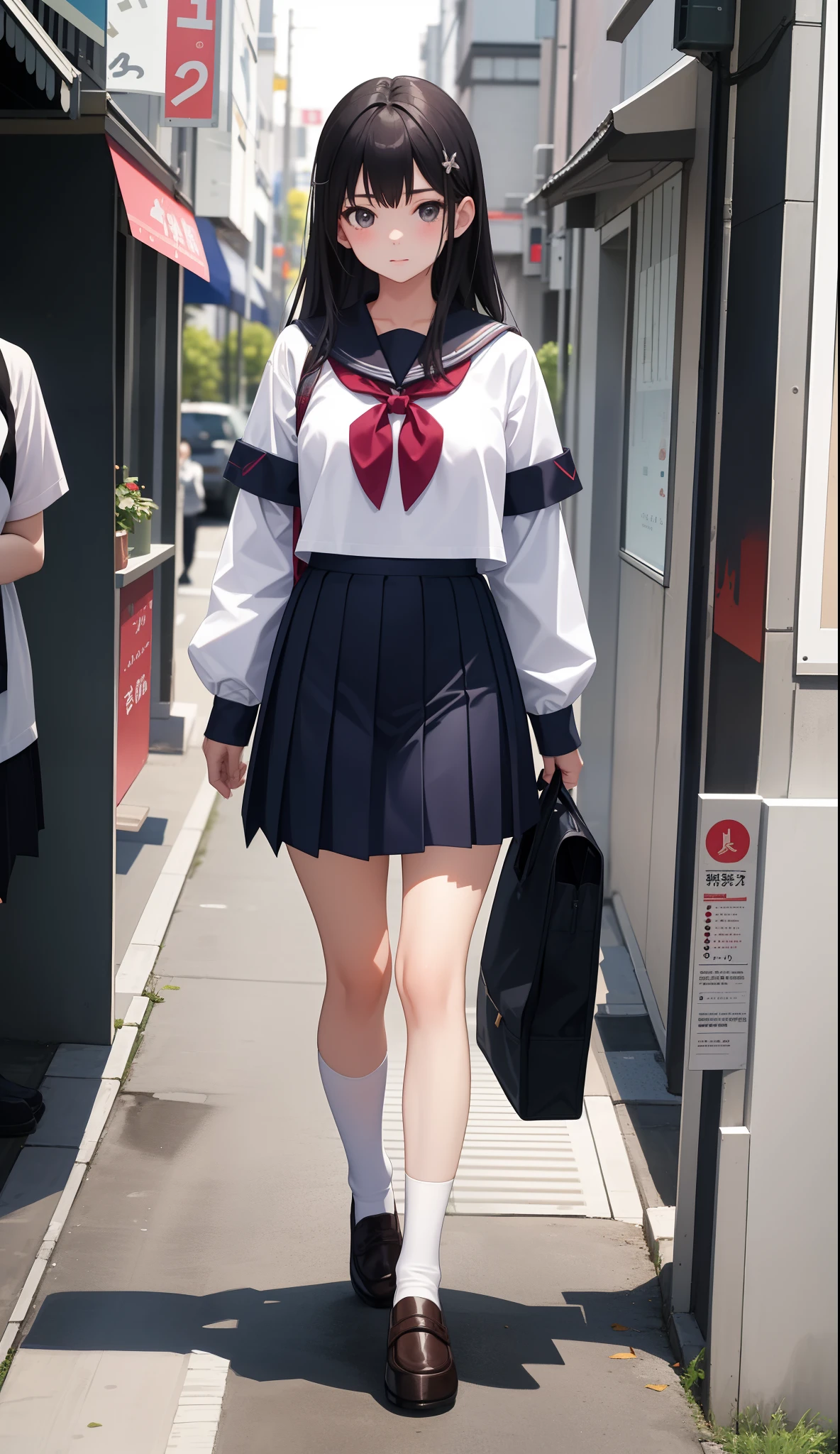 1girl in、AS-Adult、The shirt、skirt by the、（small tits）Japan High School、校服、serafuku、Walking with a thigh、Upper body portrait、
