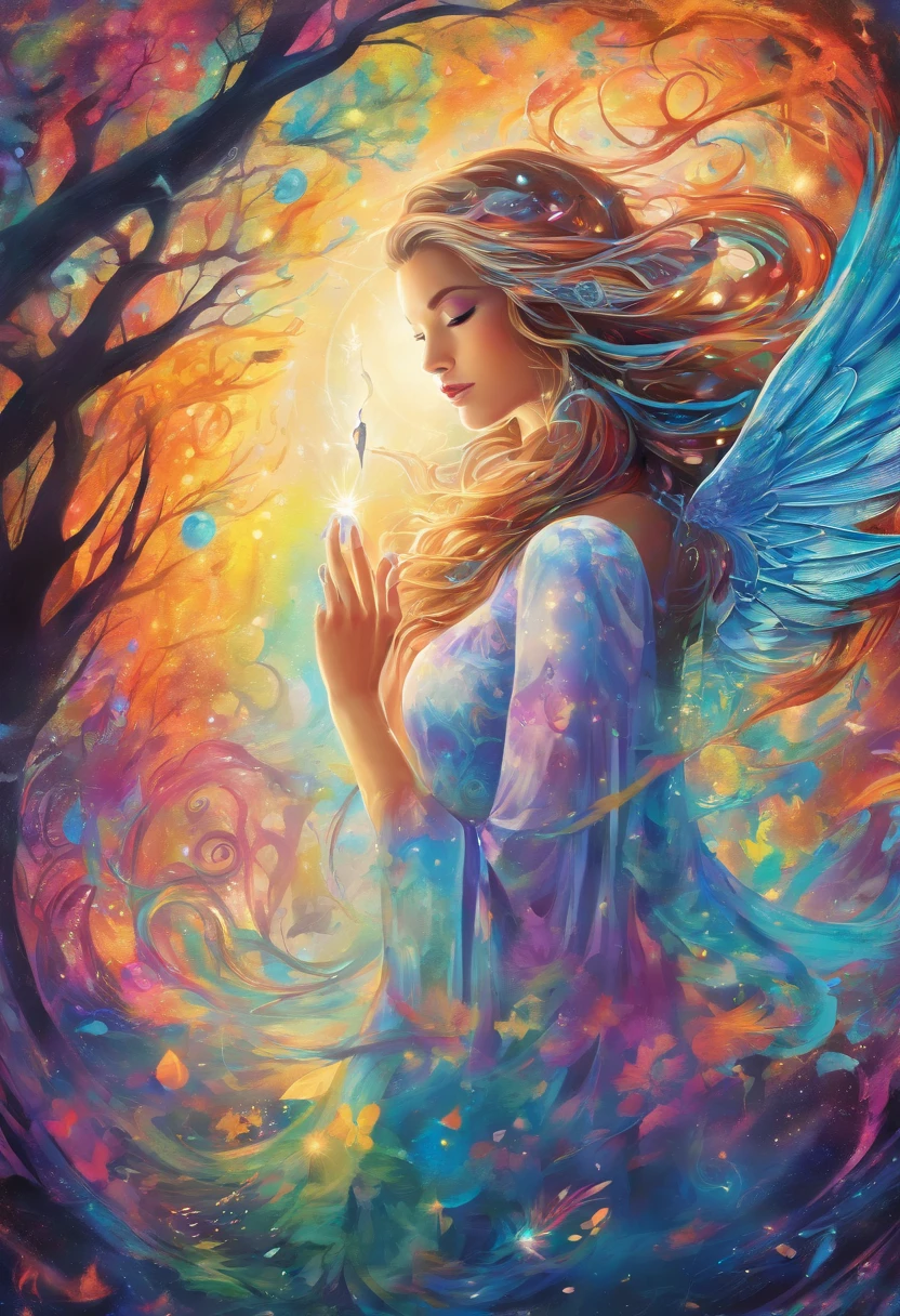 girl casting mystical glowing spells, fantasy rainbow forest, vibrant colors, ethereal lighting, detailed foliage, magical atmosphere, enchanting scenery, dreamlike ambiance, shimmering glow, flowing robes, wisps of magic, ethereal creatures, enchanted trees, sparkling streams, radiant energy, mystical symbols, surreal beauty, otherworldly landscape, swirling mist, enchantment in the air, spellbinding moment, mesmerizing spectacle, ethereal essence, magical incantation, mystical aura, bewitching charm, spellbound onlookers, transcendent experience, magical vortex, hidden secrets, whimsical creatures, vibrant enchantment, enchanted atmosphere, ethereal melodies, radiant beams of light, otherworldly colors, mesmerizing movements, joyous celebration in nature, enchanting nymphs, supernatural power, pulsating energy, captivating spells, fantastical realm, transcendental experience