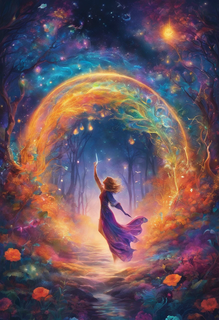 girl casting mystical glowing spells, fantasy rainbow forest, vibrant colors, ethereal lighting, detailed foliage, magical atmosphere, enchanting scenery, dreamlike ambiance, shimmering glow, flowing robes, wisps of magic, ethereal creatures, enchanted trees, sparkling streams, radiant energy, mystical symbols, surreal beauty, otherworldly landscape, swirling mist, enchantment in the air, spellbinding moment, mesmerizing spectacle, ethereal essence, magical incantation, mystical aura, bewitching charm, spellbound onlookers, transcendent experience, magical vortex, hidden secrets, whimsical creatures, vibrant enchantment, enchanted atmosphere, ethereal melodies, radiant beams of light, otherworldly colors, mesmerizing movements, joyous celebration in nature, enchanting nymphs, supernatural power, pulsating energy, captivating spells, fantastical realm, transcendental experience