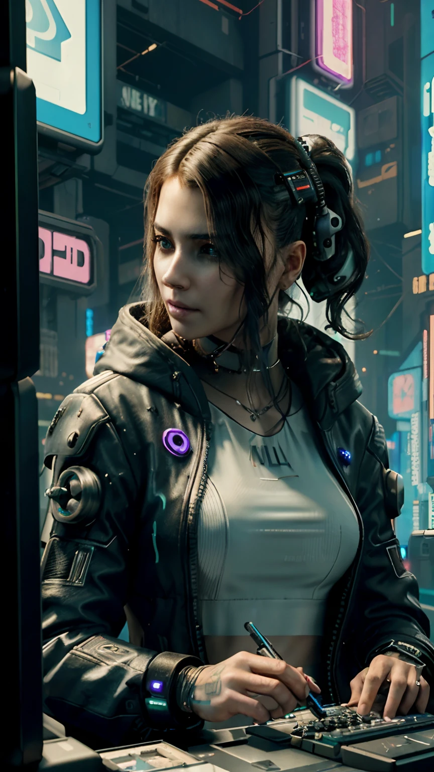((Best quality)), ((masterpiece)), (highly detailed:1.3), 3D, beautiful (cyberpunk:1.3) hacker woman with thick voluminous hair operating a computer terminal