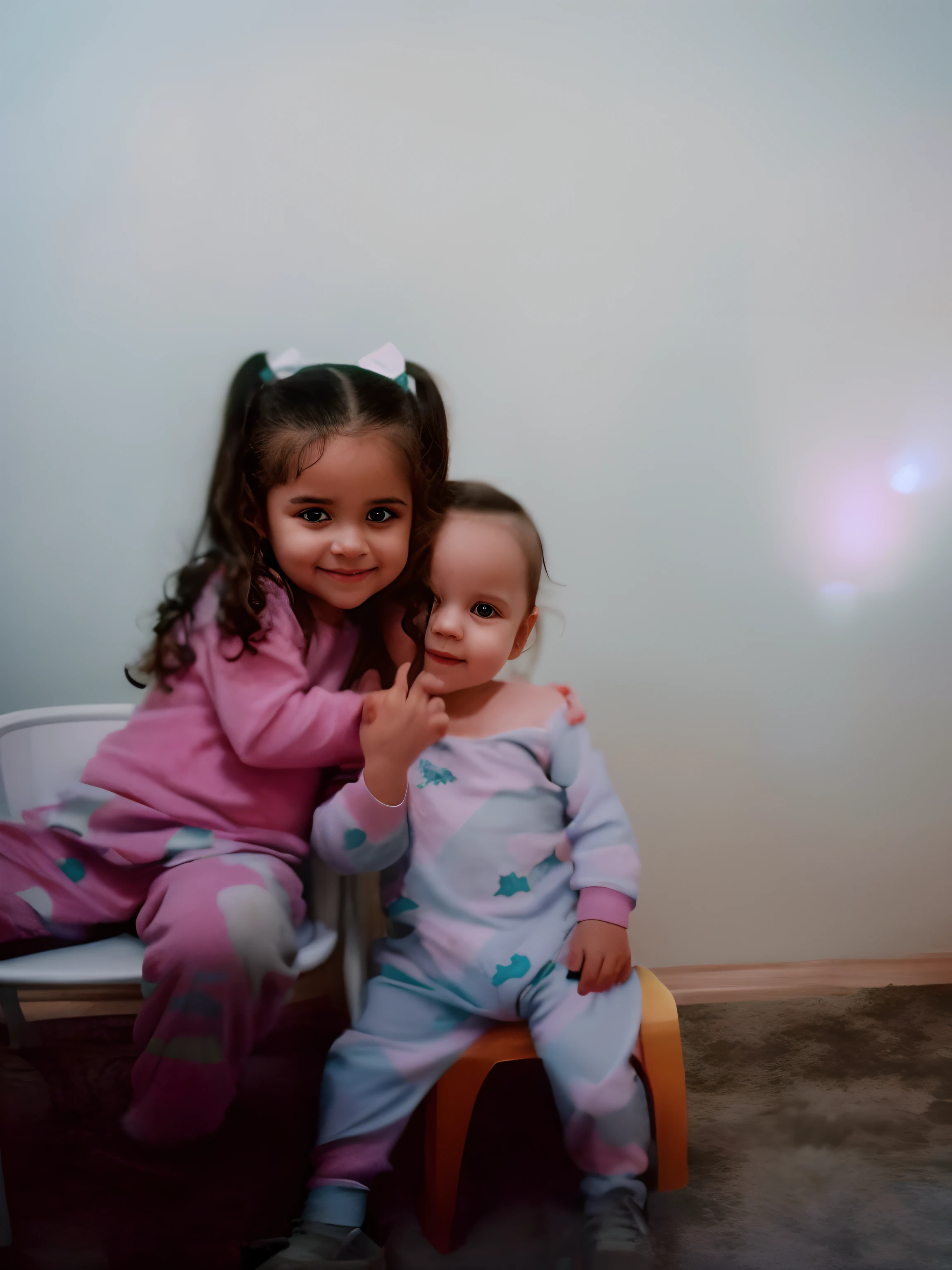 Duas s, roupa de pijama, Realistic photo, melhor qualidade, 8k, babies sitting in small chairs.