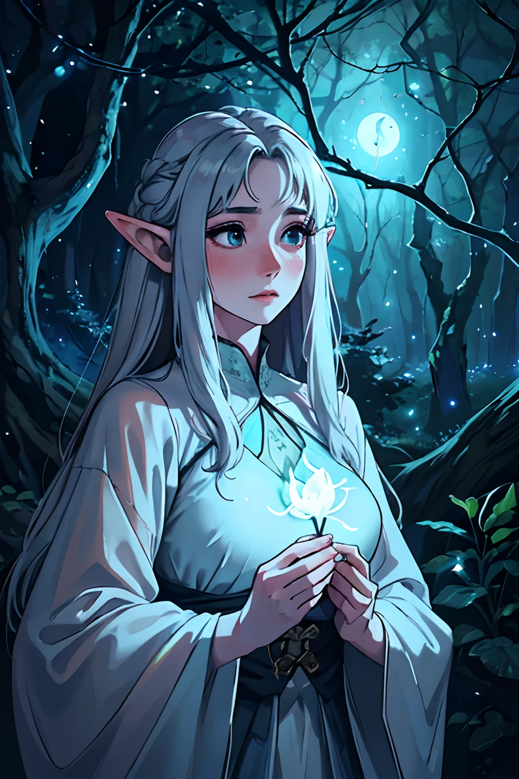 (melhor qualidade,4k,8k,Altas,master part:1.2),ultra-detalhado,(Realistic,fotorrealista,photo-realistic:1.37),Uma mulher bonita com cabelo preto longo,vestindo roupas pretas medievais,em uma floresta escura,olhos azuis,beautiful detailed facial features, banshee,pale skin with a blush,Seio amplo,atmosfera sombria e misteriosa,subtle moonlight filtering through the trees,ambiente enevoado e nebuloso,soft and ethereal lighting,Elven appearance,delicate and feminine features,calm and serene expression,Cabelos suavemente ondulados, adding a sense of movement and grace,surrounded by tall ancient trees with twisted branches and hanging vines,Subtle hints of magical elements like glowing fungi and sparkling fireflies,an air of mystery and enchantment.