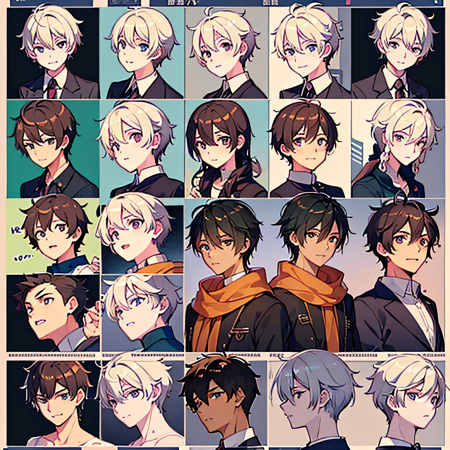 (Male:1.3), ((Visual novel)), Visual never expression chart, Expression chart, 1boy, different expressions, expression sheet, short messy hair, tan skin, one character, shoulder up,