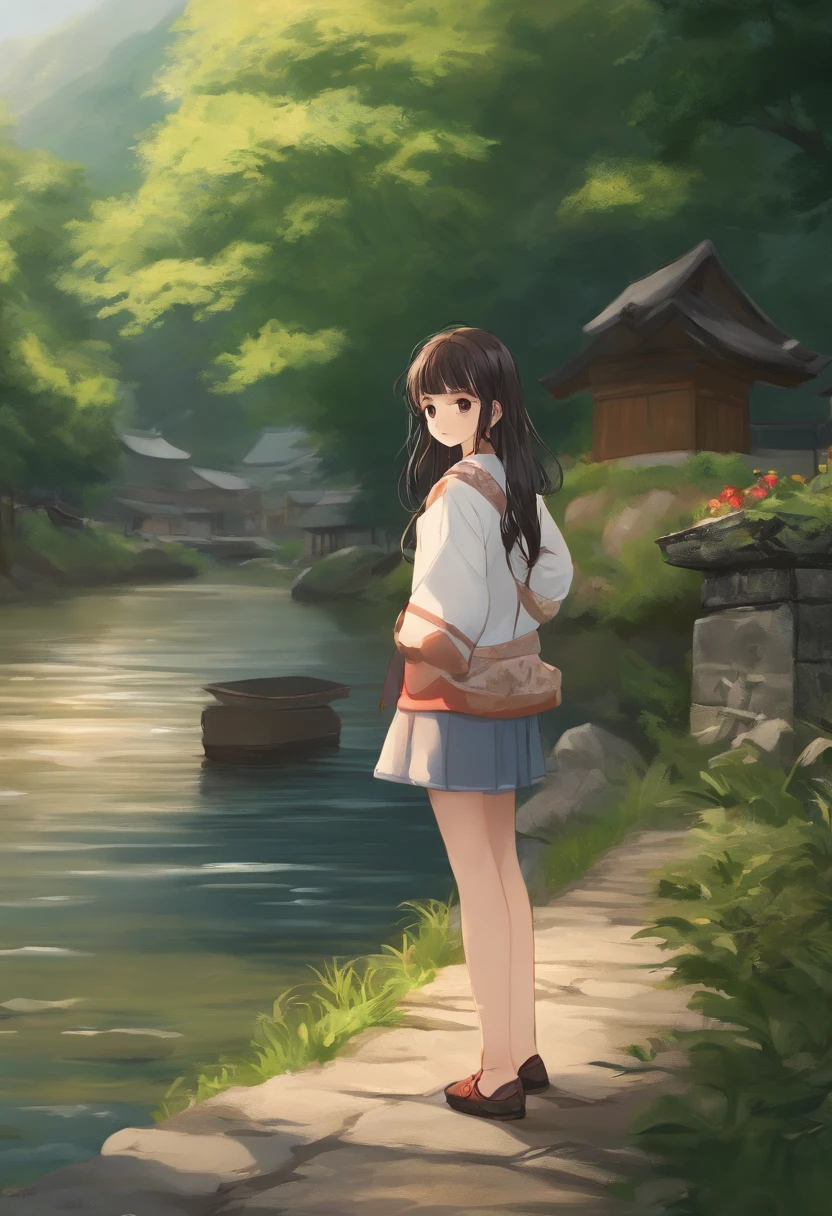 Casual clothes，Japan anime style，12year old，girl with，Old townscape、river bank